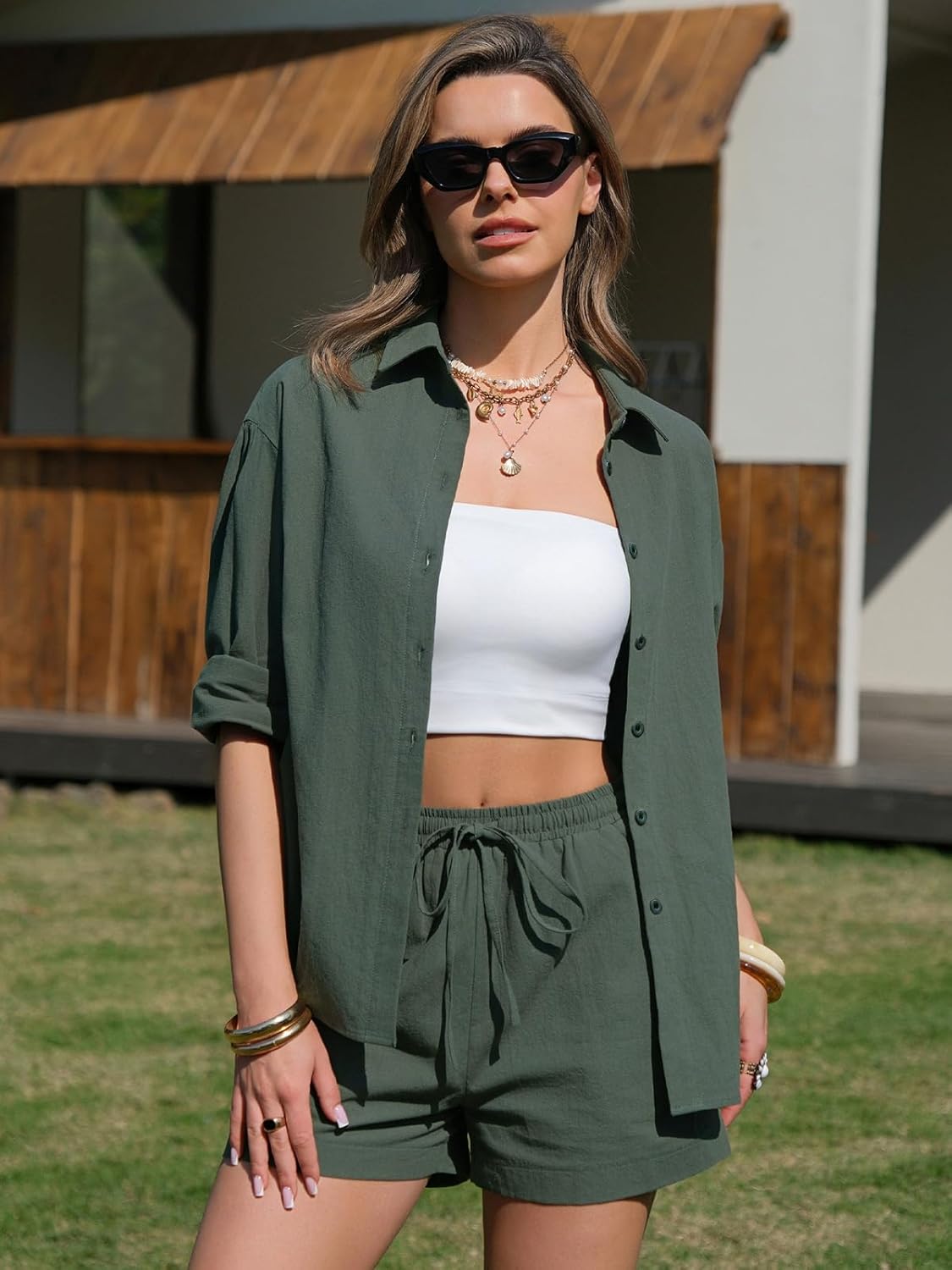 EXLURA Women's Summer 2 Piece Sets Long Sleeve Button Down Shirts Matching Short Sets Beach Vacation Cruise Outfits 2026 - Image 3