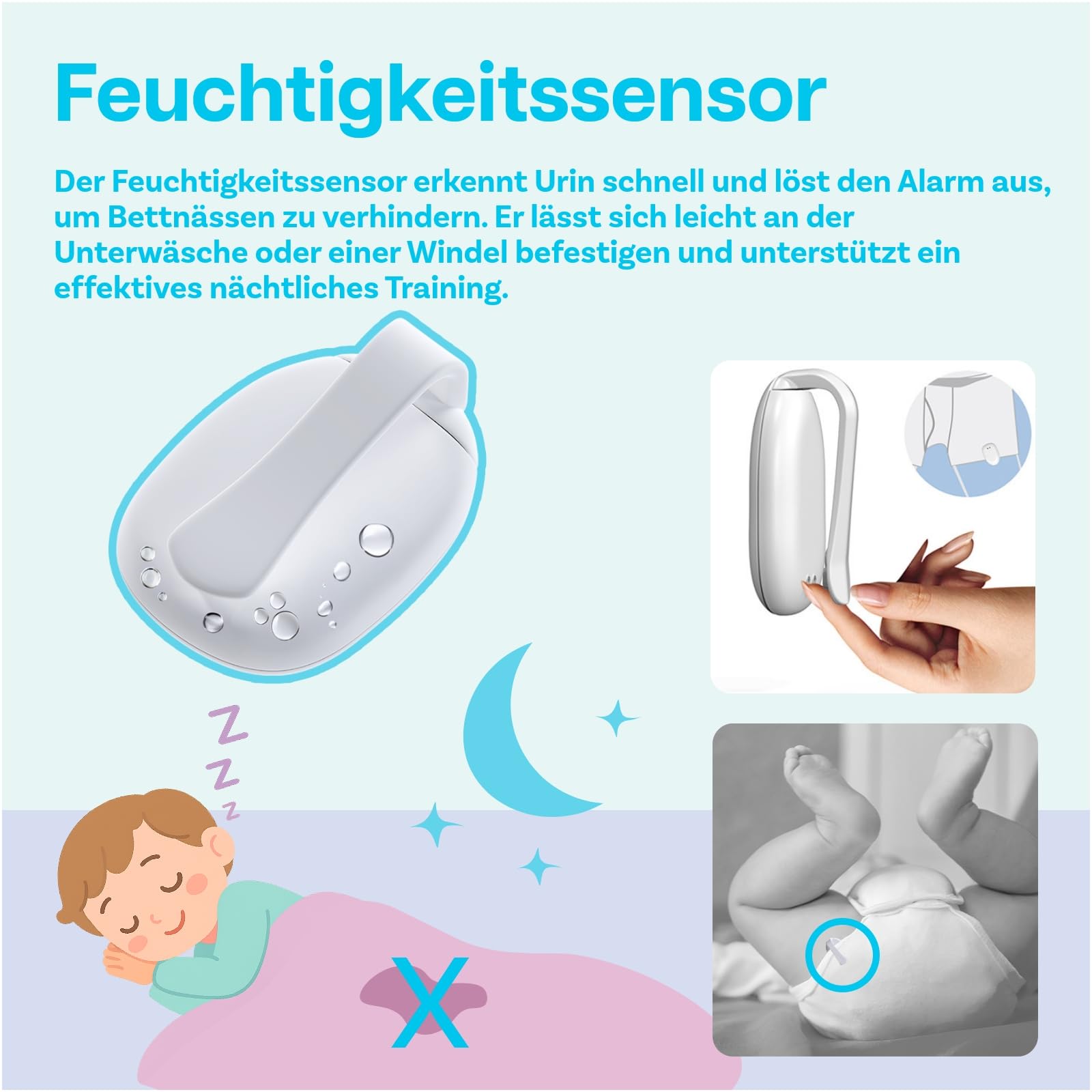 Kabelloser Bettnässer-Alarm für Jungen und Mädchen von MMOBIEL – Töpfchen-Training mit Geräuschen und Vibration – Pipi-Alarm für Kinder & Erwachsene – Bettnässensor, Pinkel Alarm - USB-wiederaufladbar