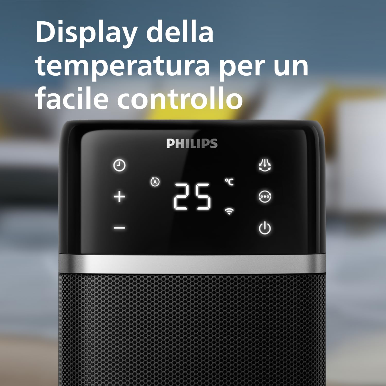 Philips Termoventilatore a torre Serie 5000-2000W, risparmio energetico 50%, display, 5 funzioni sicurezza, 4 modalità, oscillazione 60°, silenzioso, nero/grigio scuro (CX5120/11).