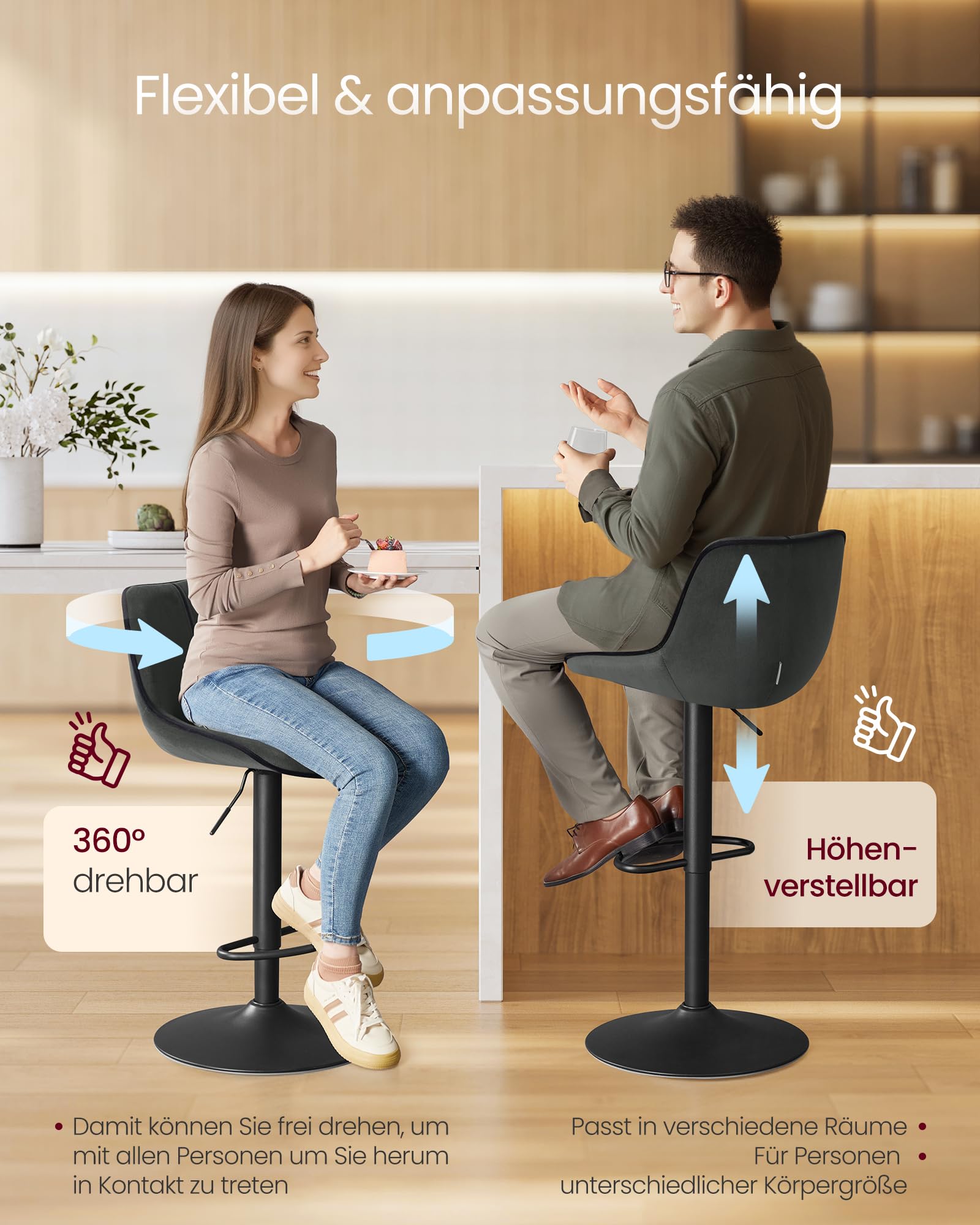 VASAGLE Barhocker 2er Set, Barstühle höhenverstellbar, drehbare Küchenhocker, mit ergonomischer Rückenlehne, Samt, für Kücheninsel, Hausbar, modern, anthrazitgrau LJB188G01