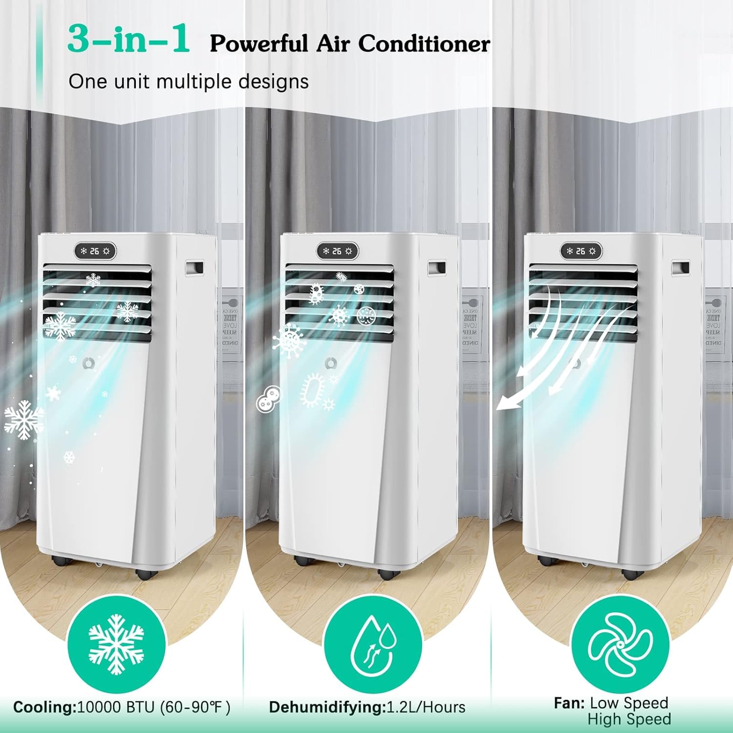 Portable Air Conditioners,10,000 BTU 3-in-1 Portable AC unit for Rooms up to 450 Sq. Ft, Featuring 24H Timer, Smart Sleep Mode, Window Kits Included, Perfect for Bedrooms, Kitchens, and Apartments.