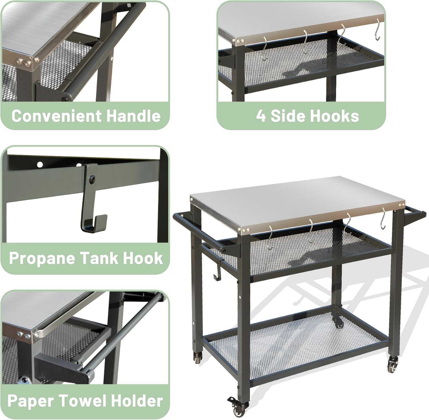 Domi 3-Shelf Outdoor Grill Table, Grill Cart with Wheels, Outdoor Pizza Oven and Food Prep Table, Blackstone with Stainless Steel Tabletop, BBQ Stand for Blackstone Griddle for Outside BBQ