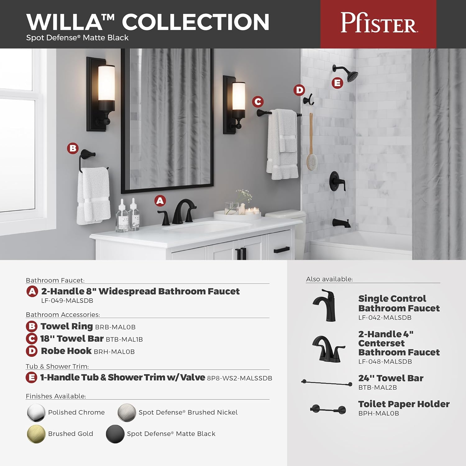 Pfister Willa Tub and Shower Trim Kit 1-Handle Pressure-Balanced Valve with Rain Shower Head and Tub Spout Spot Defense Matte Black Finish WaterSense 8P8WS2MALSSDB