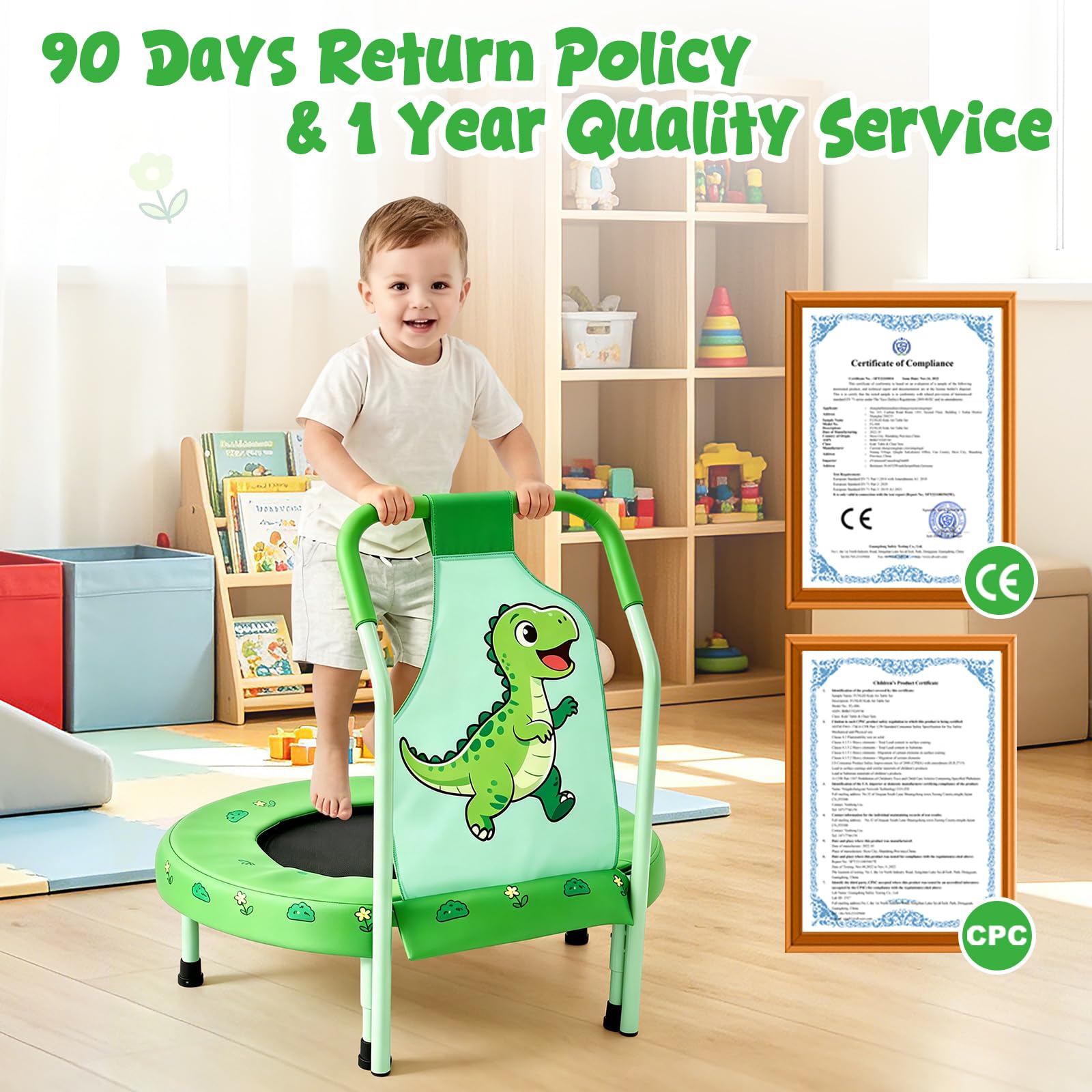 FUNLIO Trampolino Mini Unicorno 27" per Bambini, con Maniglione di Sicurezza, Design a Tema Arcobaleno, Pieghevole e Portatile per Interno/Esterno - Certificato CPC & CE