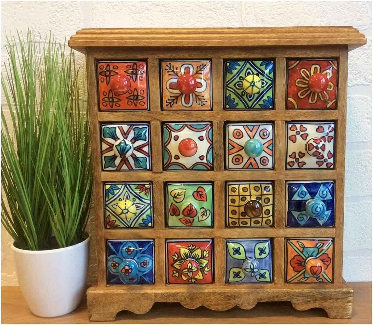 Terrapin Trading Fair Trade Mangowood 16 Drawer Hand Painted Indian Ceramic Storage Chest 33cm