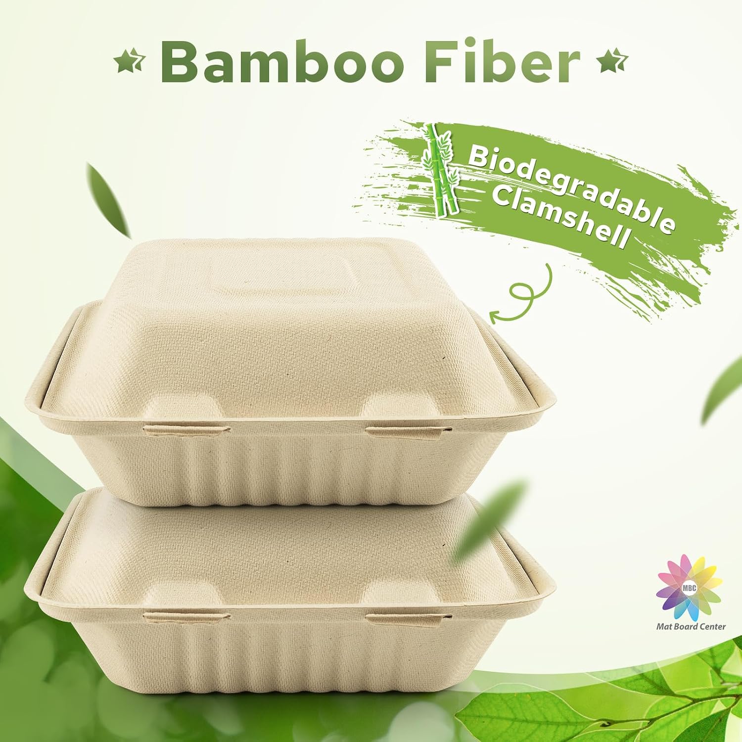 Mat Board Center, 8-inch, 200-Count, Compostable Clamshell, Bamware (Bamboo Fiber), Take-Out/to-Go Food Boxes -Containers, Hinged Lid - Microwave-Safe - Gluten-Free