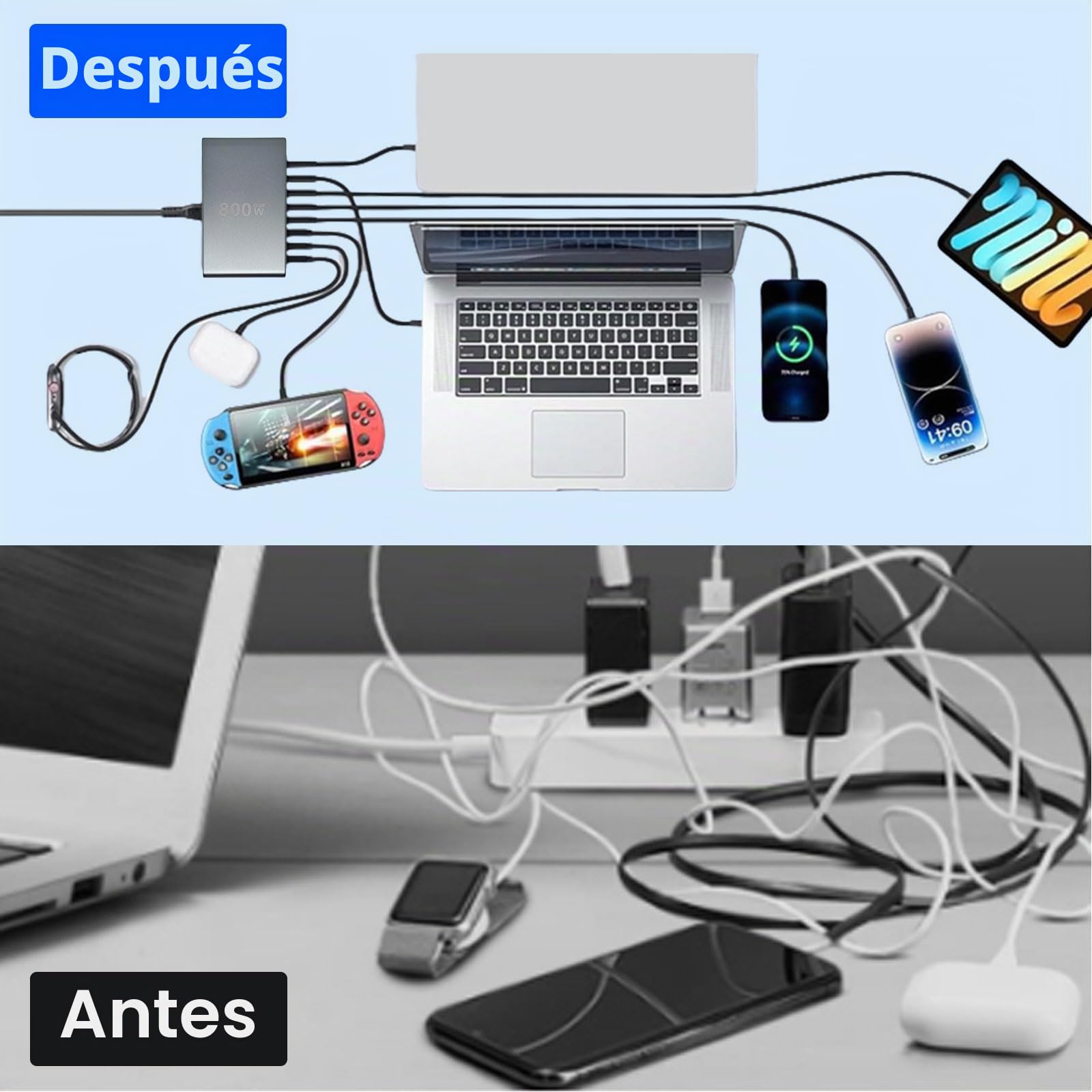 800 W GaN3 cargador múltiple, 10 puertos, estación de carga rápida, 8 puertos USB-C (140 W/100 W/65 W) y 2 puertos USB-A (30 W QC), cargador compacto multidispositivo, compatible con ordenadores