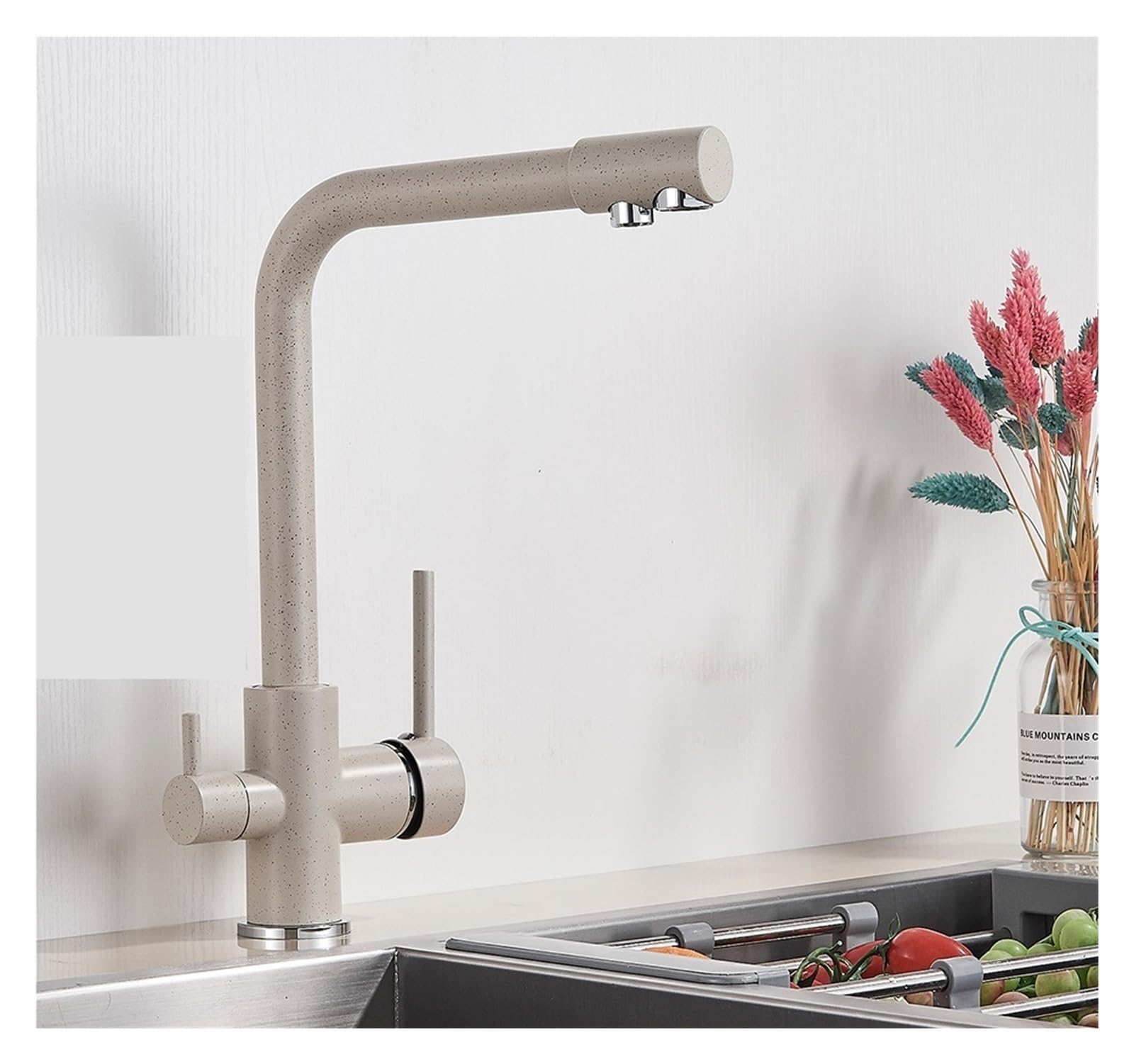 Robinet de cuisine 3 voies eau pure beige moucheté double poignée pour eau potable et filtre