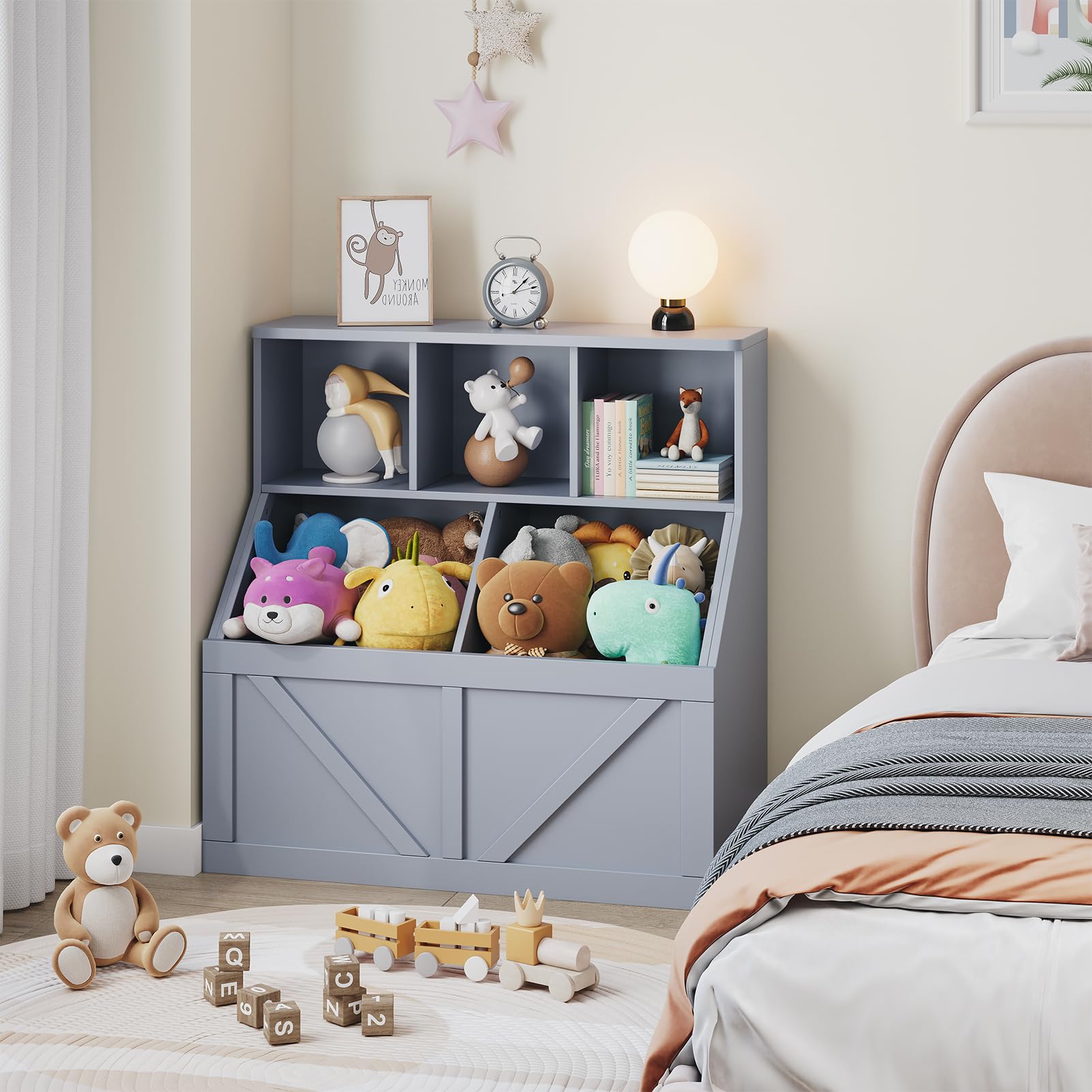Kinder Spielzeug- & Bücherregal mit Aufbewahrung – Organizer mit Regal & Schrank für Spielzimmer/Schlafzimmer/Kita/Kindergarten, leicht aufzubauen – Farbe: Pure Gray