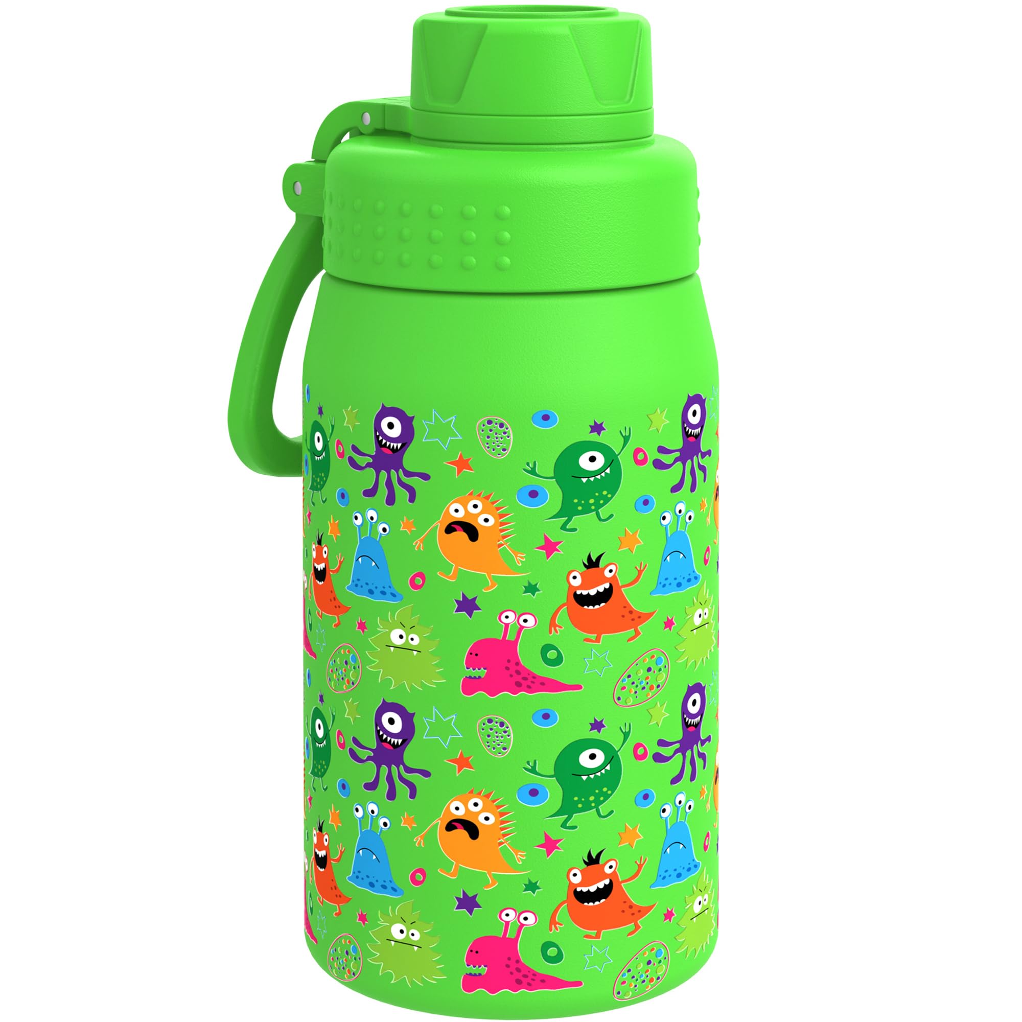 GOPPUS 420ml/15oz Kids Insulated Water Bottle with Screw Lid (No Straw) Stainless Steel Toddler Bottle School Flask Girls Boys Drinks Cup with Handle & Leakproof & Keep Drinks Cold (Green Monster) — image 1