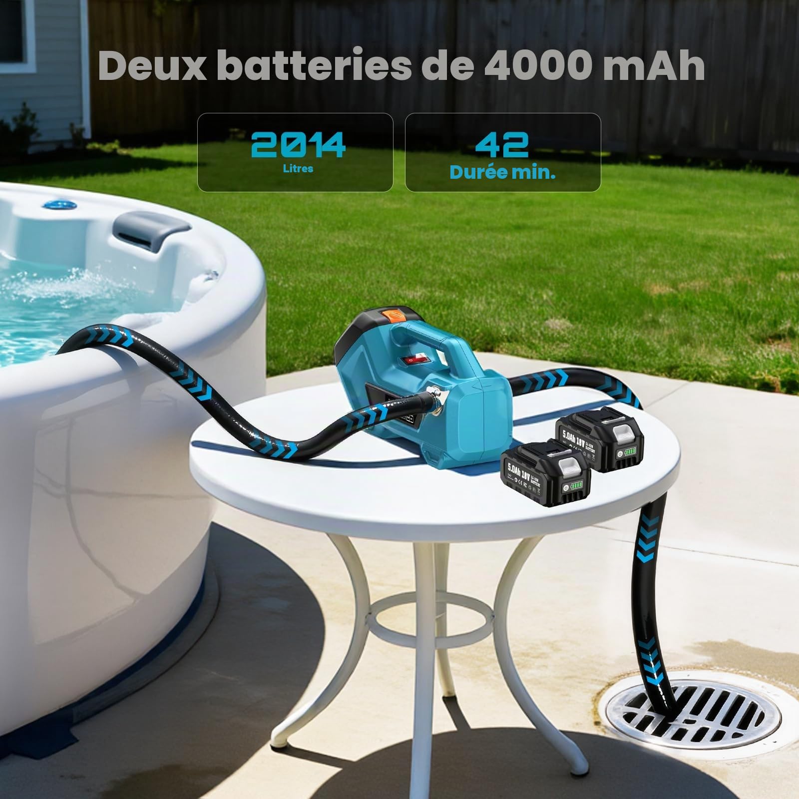 Seesii Pompe de transfert sans fil pour eau/diesel, 2880 l/h, auto-amorçante, 2 batteries de 4000 mAh, pompe domestique électrique portable pour camping-car, jardin, jacuzzi, piscine, étang, aquarium