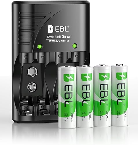 EBL Cargador de batería de 4 bahías para baterías recargables AA y AAA con baterías recargables AA NiMh, 4 unidades, cargador de batería con enchufe