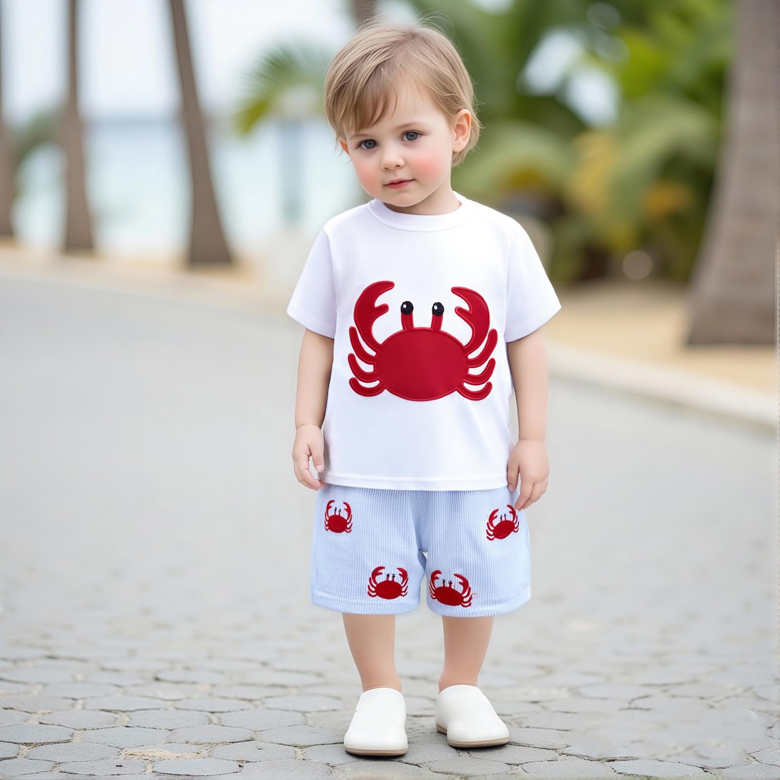 Gaono Baby Boy Summer Clothes Toddler Crab Outfits Short Sleeve Embroidery T-shirt Tops And Plaid Shorts 2 Piece Set (A-White, 6-12 Months)