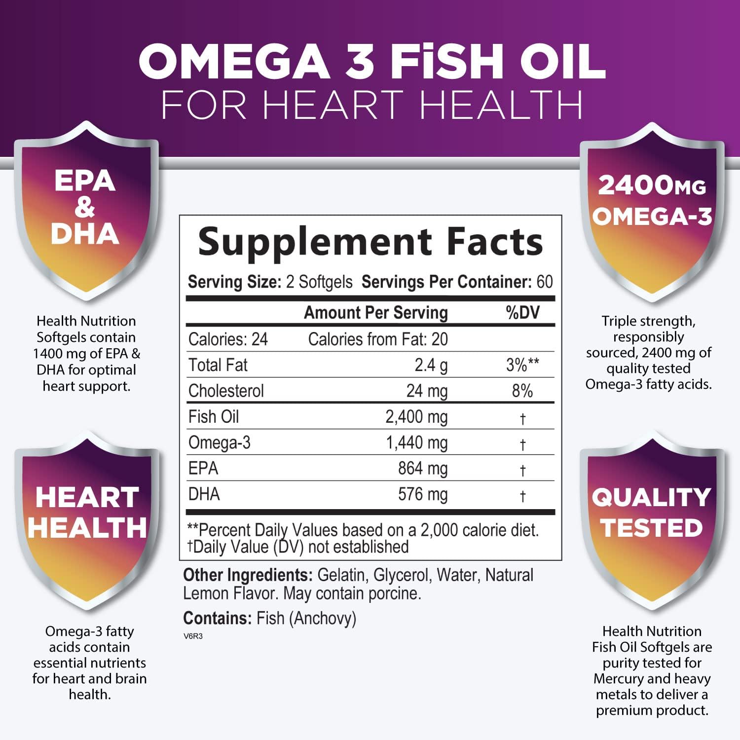 Health Nutrition Naturals Omega-3 Fish Oil Supplement, Triple Strength 2400mg High EPA 864mg and DHA 288mg for Natural Heart Support and Brain Support, Wild Caught Non-GMO, Lemon Flavor - 120 Count : Health & Household