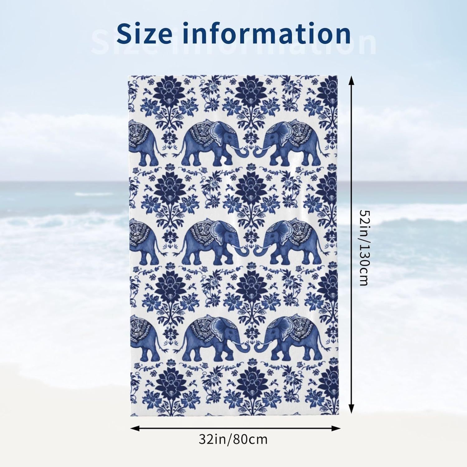 Blue Elephant Beach Towel, 32x52in Microfiber Quick Dry Asian Floral Flower Boho Bath Towels, Soft Lightweight Oversized Sand Free, for Travel Pool Swimming Gym Bohemian Indian Decor, Gifts