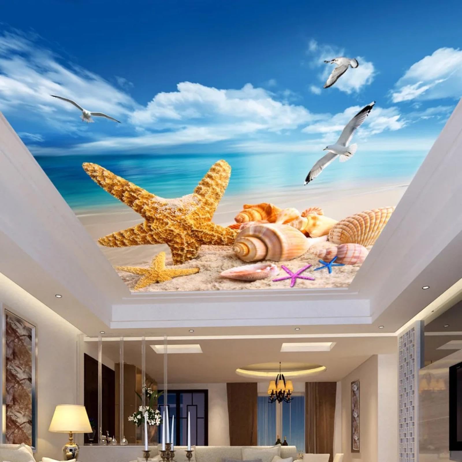 Tapeta 3D, gwiazda plażowa, ptaki morskie, obraz ścienny, do salonu, sypialni, sufit, dekoracja ścienna w stylu art deco