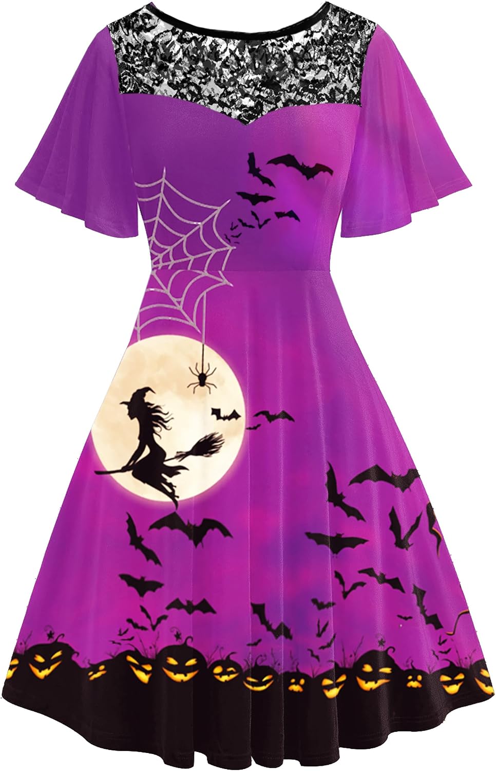 AOBUTE Women Halloween Dress Lace Flutter Sleeve A-Line Party Dresses