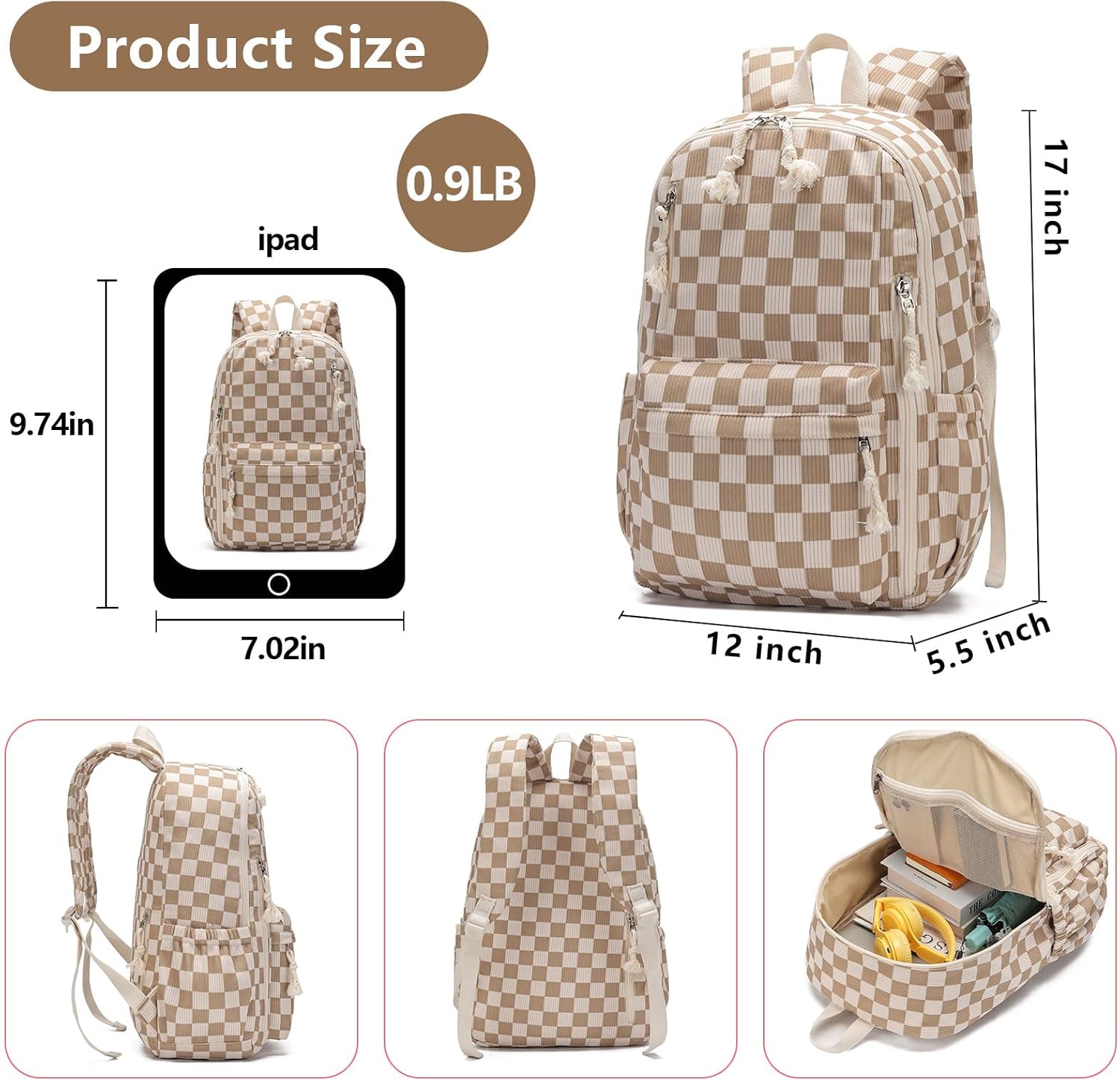 School Backpack for Teen Girls Bookbags Elementary High School Corduroy Laptop Bags Women Travel Daypacks (Checkered)