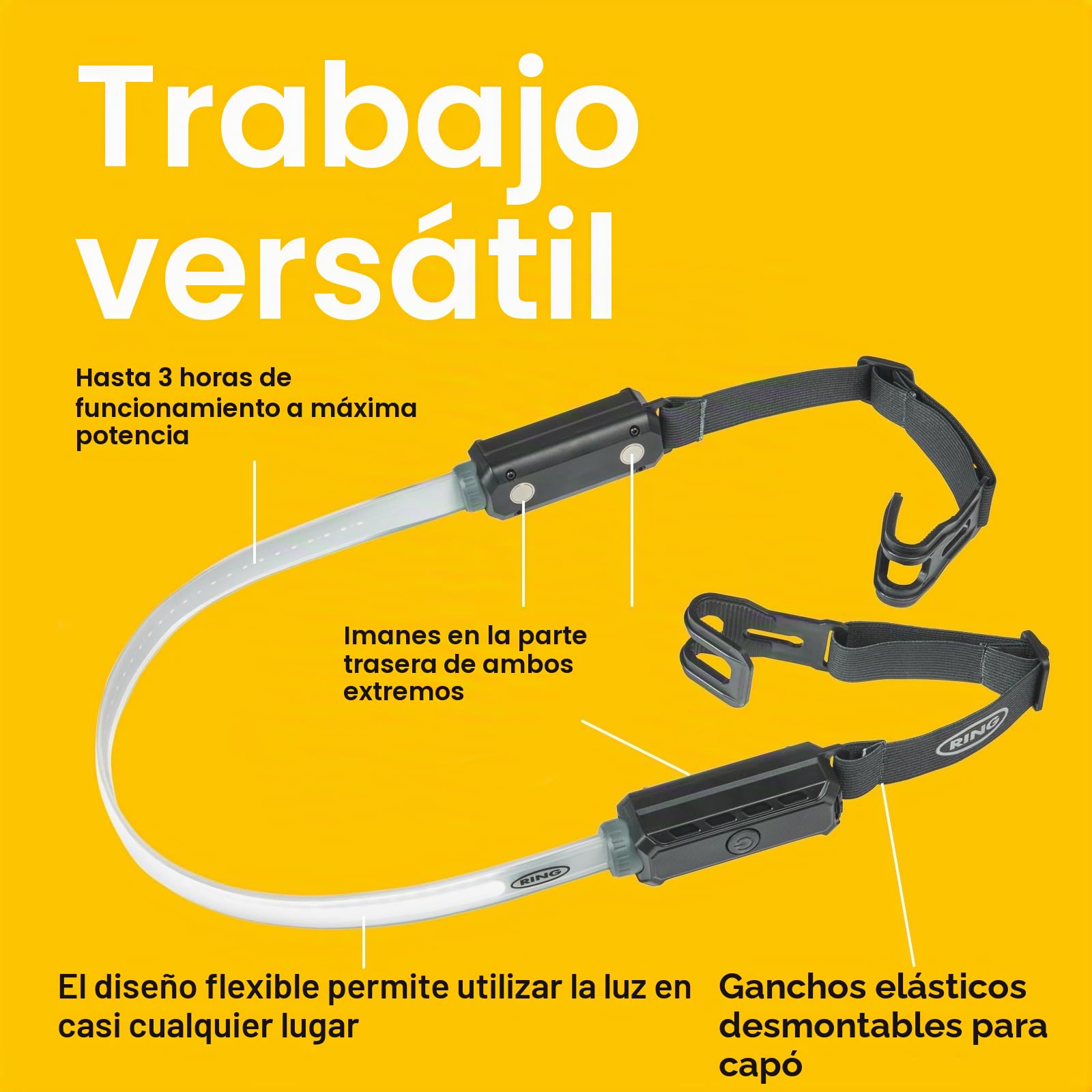 Ring Automotive RUBL1500 - Luz de trabajo recargable de 1000 lúmenes flexible debajo del capó con soporte magnético, carga USB-C, 3 modos de luz, modo de flash de emergencia, color negro