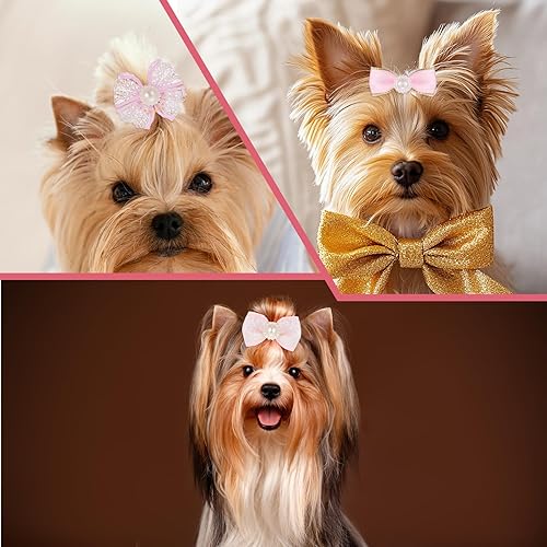 Miniatura 6 de 20 lazos rosados para perros de tamaño pequeño con bandas de goma, lazo elástico para perro, perlas de encaje hechas a mano, perlas de diamantes de