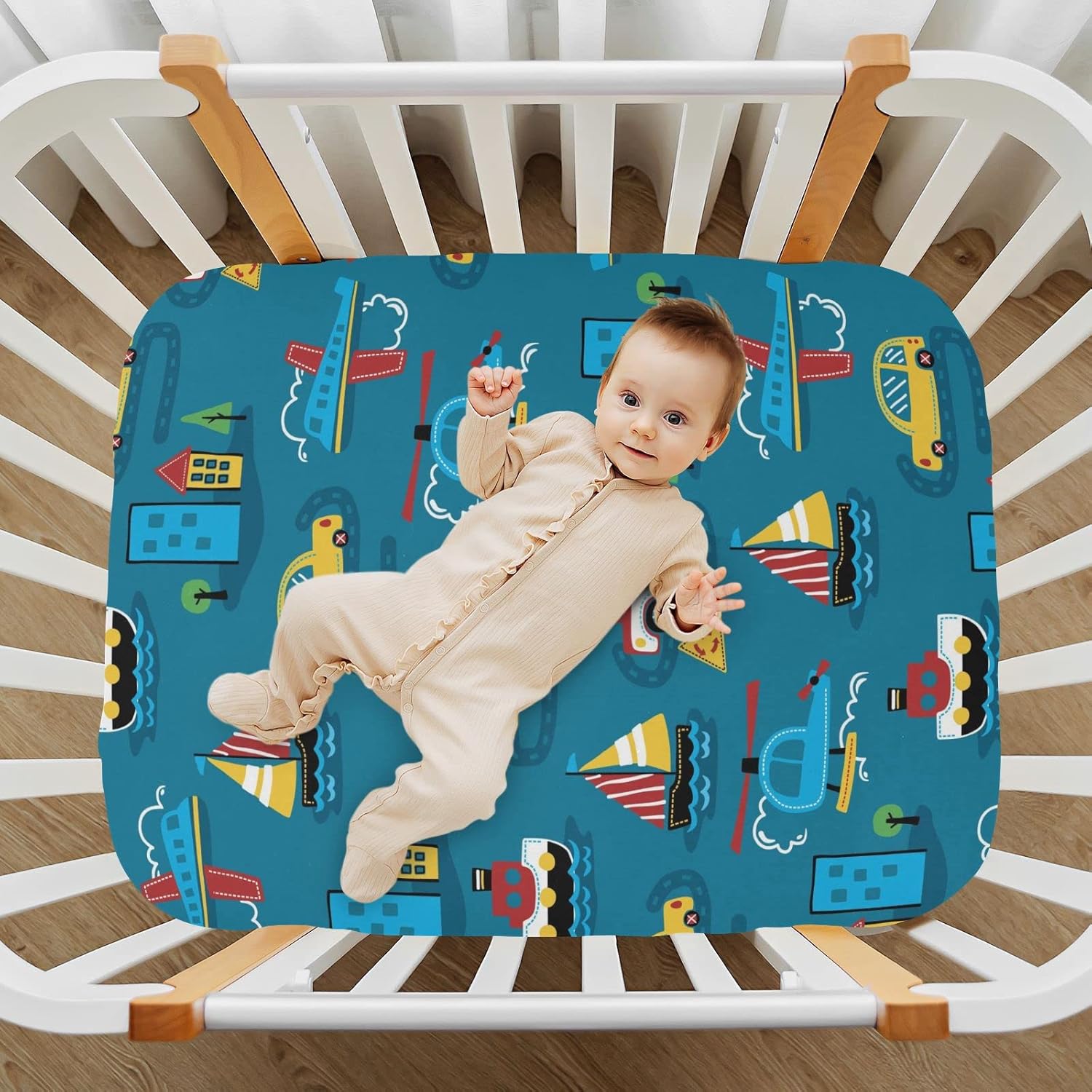 Fitted Crib Sheets Blue Car Transportation Stretchy Portable Playard Sheets for Baby Toddler, Breathable Soft Mini Crib Mattress 52 x 28 in for Boys and Girls