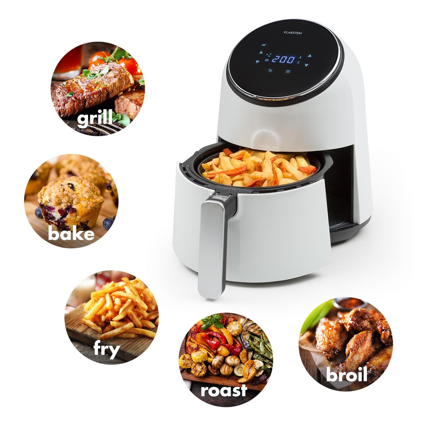 Klarstein AirVital - Heißluftfritteuse, Fritteuse, AirFryer, 1300 W, 2,5 L Füllmenge, fett-frei Frittieren, Backen, Grillen, Rösten, 8 Programme, CeraPlus Anti-Haft-Beschichtung, weiß