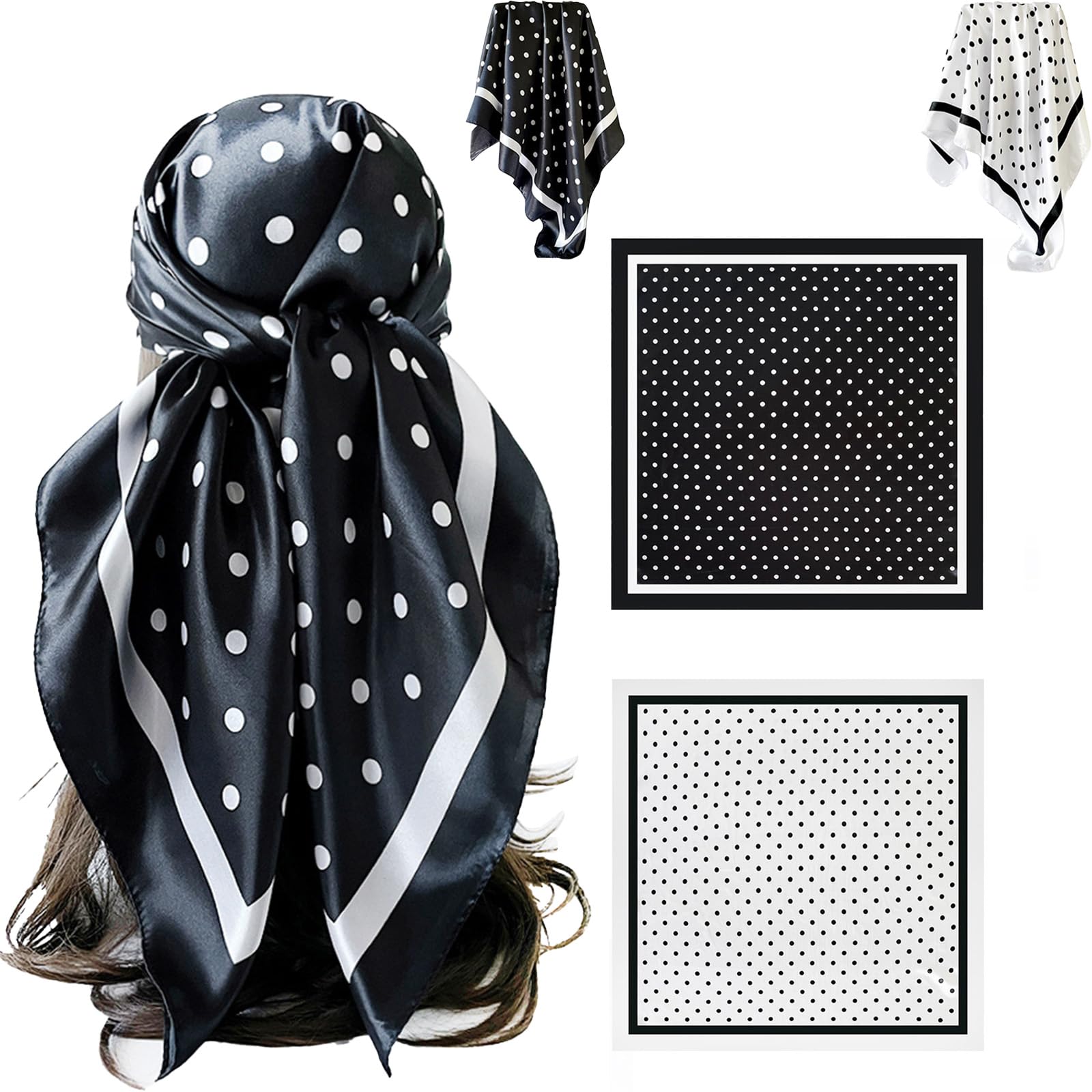 2pcs bandanas for women, hair scarf for women, polka dot pattern design, head scarf for women stylish, satin scarf fabric material, multipurpose head scarf for various occasions, black and white