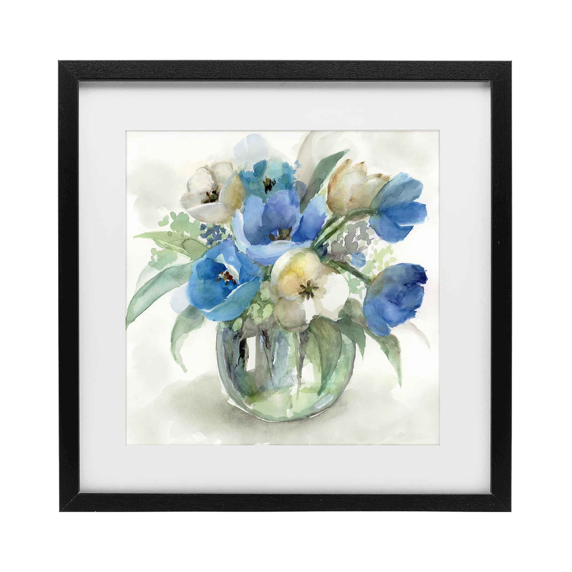 Stupell Industries Blue Tulip Watercolor Bouquet 'Blue Tulip Watercolor Bouquet', Framed Print Under Glass, Black, 16 X 16 Inches, Easy To Hang And Sturdy, Made In Usa, By Nan