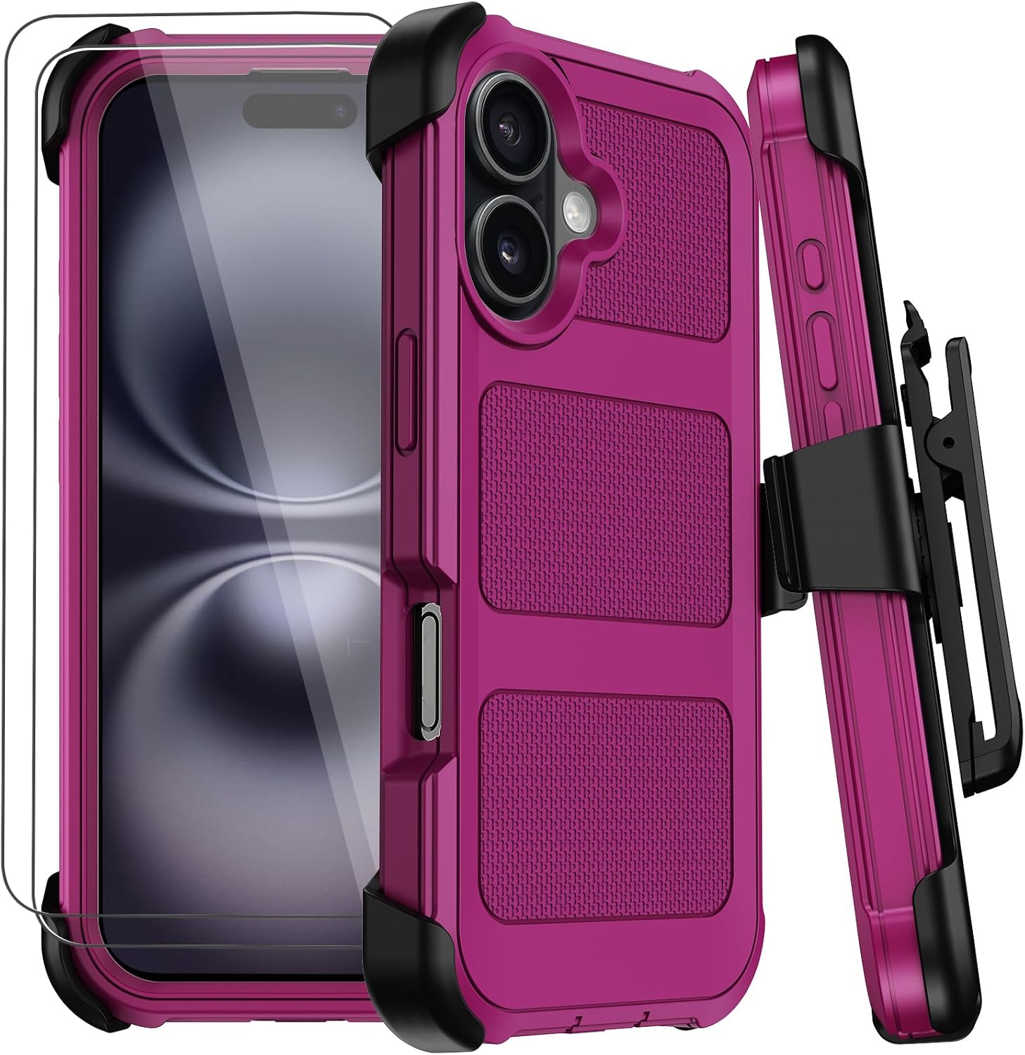 for iPhone 16 Plus Case with Belt Clip Holster,Anti-Drop Shockproof Bumper Phone Cases with 2X Screen Protectors & Kickstand,Rugged Heavy Duty Military Grade Protective Defender Cover (Burgundy)