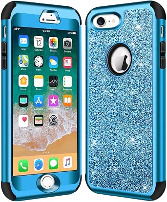 Hython Designed for iPhone 8, iPhone 7 Case, Heavy Duty Full-Body Defender Protective Case Bling Glitter Sparkle Hard Shell Hybrid Shockproof Rubber Bumper Cover, Blue