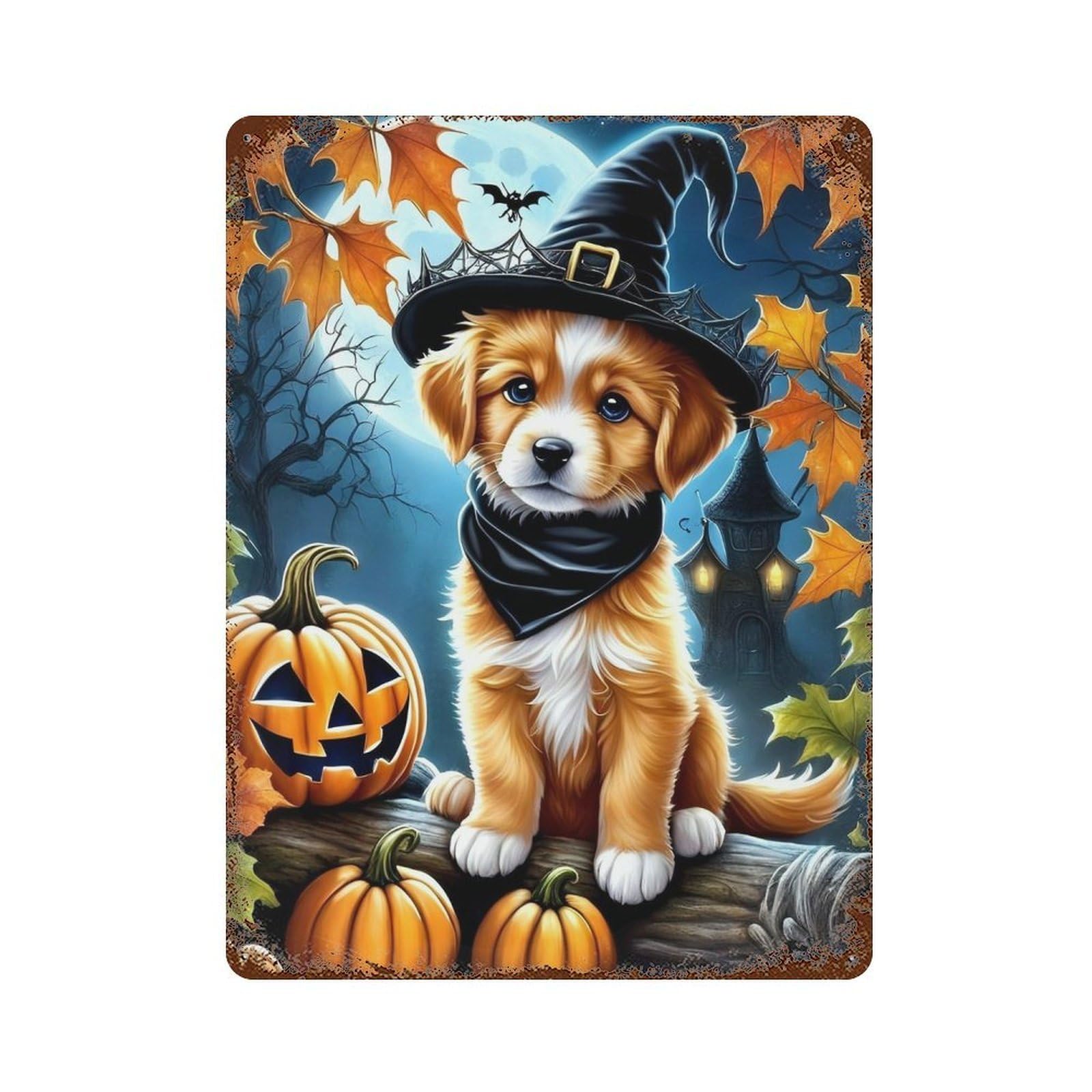 Halloween Puppy with Witch Hat Vintage Rust Metal Sign 15.7"x11.8", Farmhouse Wall Decor for Garage, Pub Or Kitchen