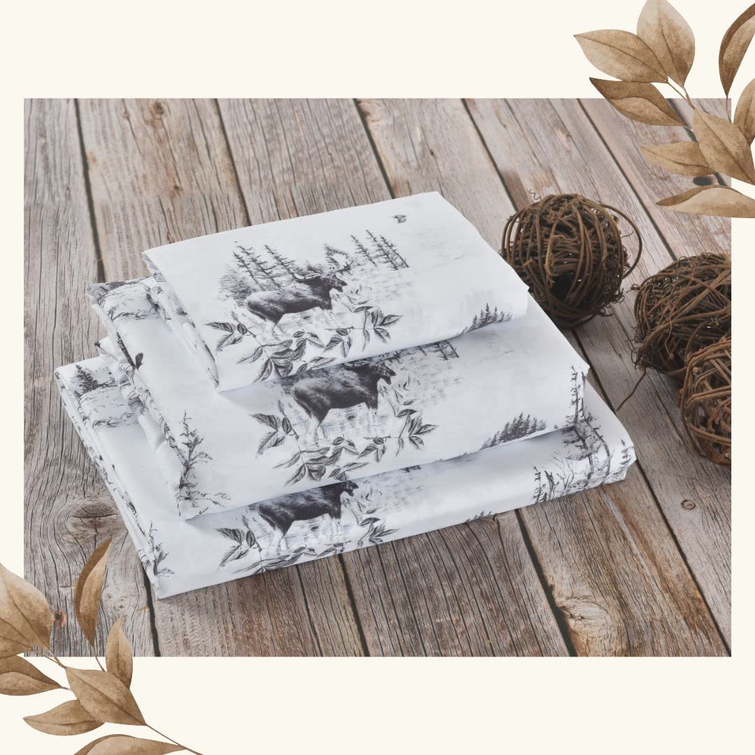 Rustic Lodge Toile Moose Forest Sketch Print Bed Sheet Set - Ultra Soft 4-Piece Queen Bedding with 2 Pillowcases - Cabin and Woodland Themed