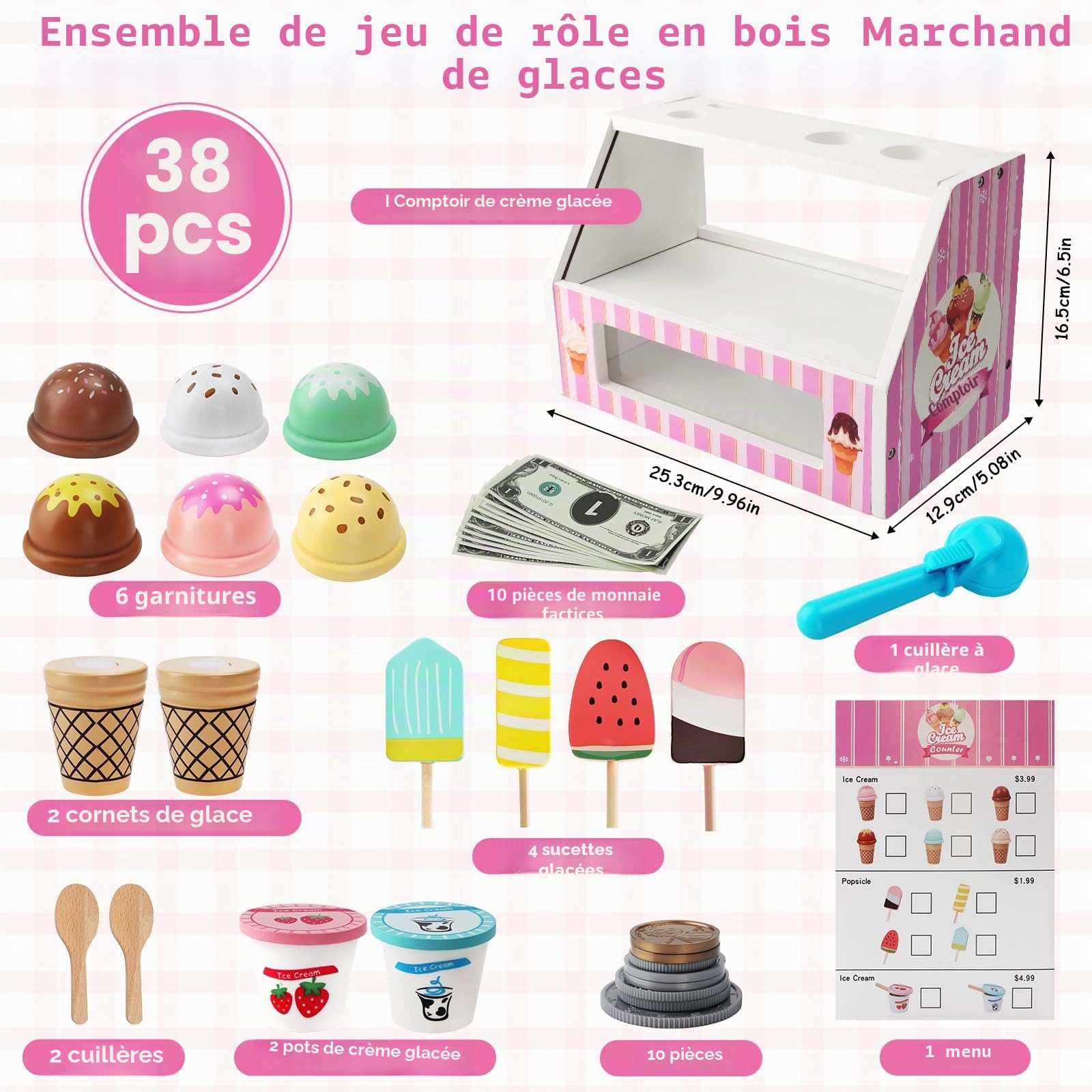 Glacier en Bois pour Enfant,38 Pièces Glaciere Jouet,Cuisine Enfants Accessoires,Magasin pour Enfants Jeu Imitation,Jouet en Bois Jouets Montessori Cadeau pour Garçons Filles à Partir de 3 Ans
