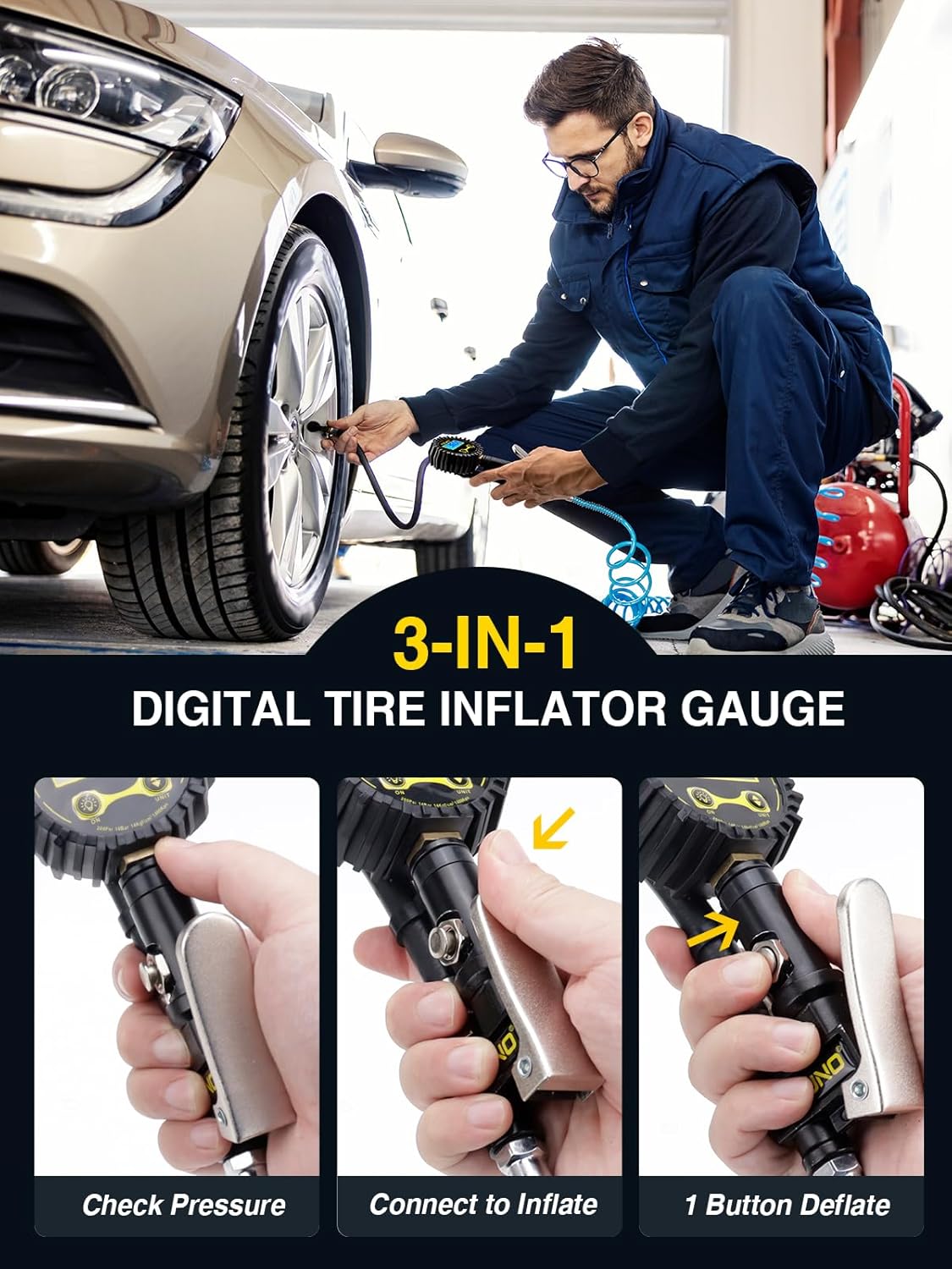 3-in-1 functionality of AZUNO Digital Tire Inflator