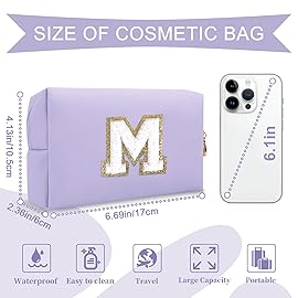 Personalized Makeup Bag Initial A-Z Preppy Patch Bag,Small PU Leather Travel Cosmetic Bag Pouch with Zipper,Purple Cute Toiletry Bag,Gift Ideal for Teen Girls Women Birthday Friend Mom,Latter M