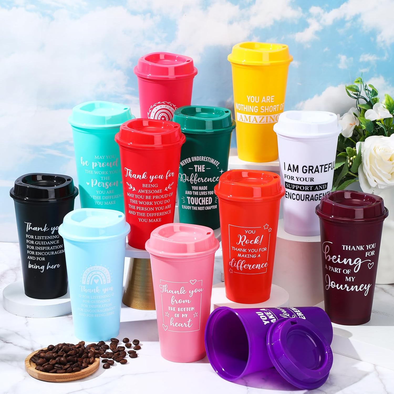Skylety 24 Pcs Thank You Gifts 16 oz Coffee Cups Bulk Employee Appreciation Gift Inspirational Tumbler with Lid Reusable Plastic Coffee Cup for Coworker Staff Women Teacher (Classic Colors) - Image 7