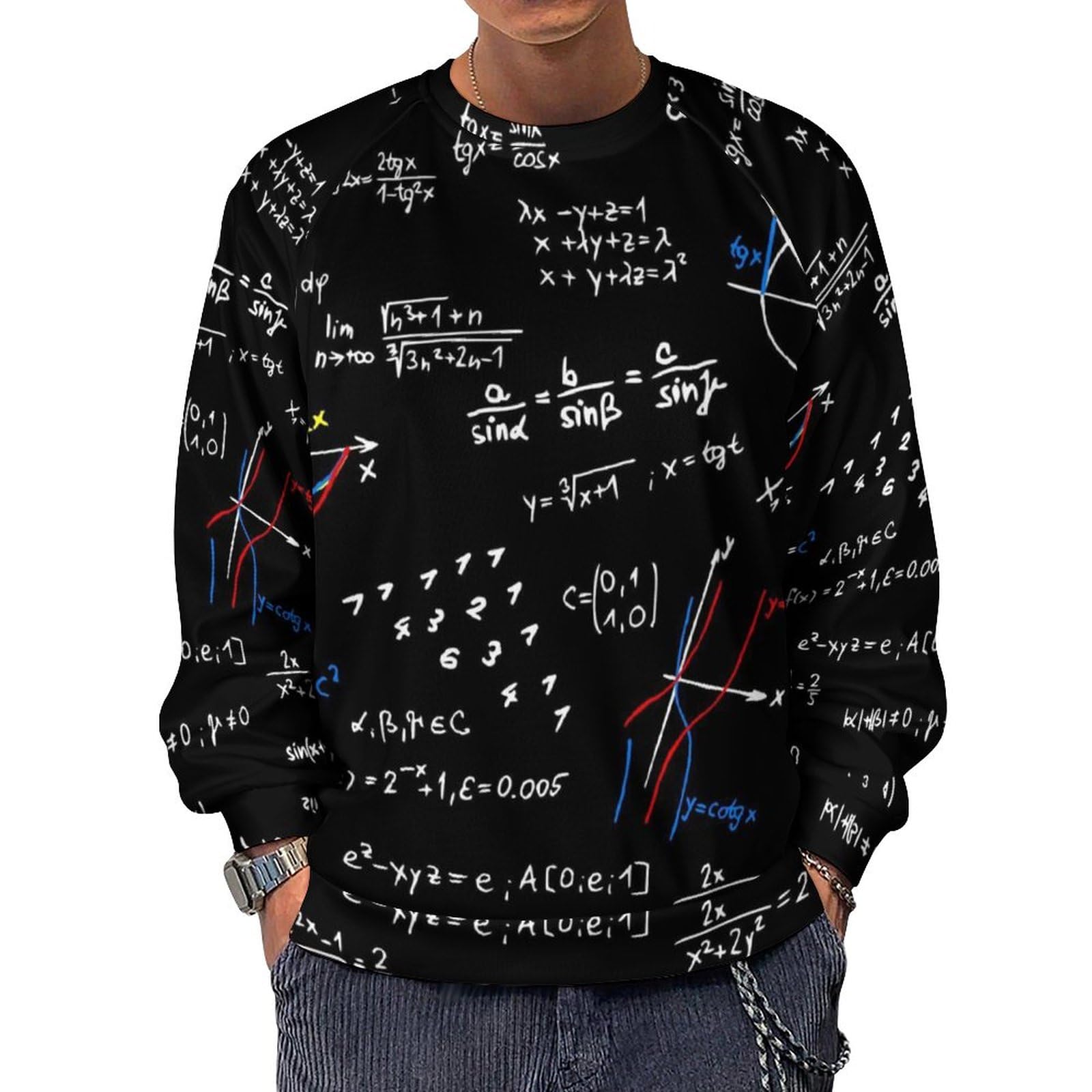 Qjjinxior Men's Math Linear Mathematics Education Long-Sleeve Crewneck Sweatshirt, Lightweight Casual Jumpers For