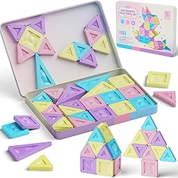 Travel Magnetic Bricks for Age 3+ 40 Pieces Montessori Magnetic Bricks Educational Toy with Portable Tin Box and Built-in Play Plate, Bricks