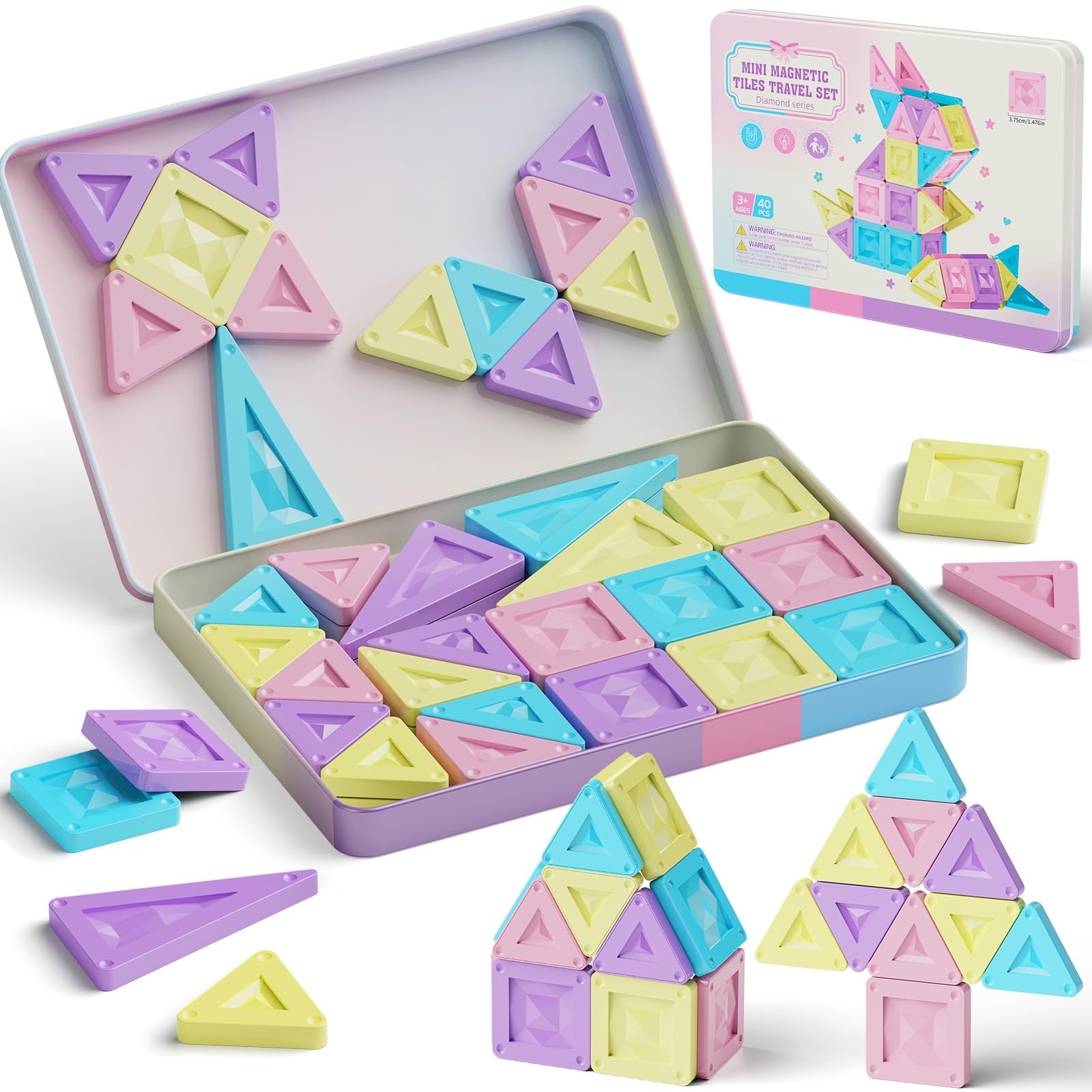 YOGOHEE Mattoncini magnetici da viaggio a partire dai 3 anni, 40 pezzi di mattoncini magnetici Montessori, giocattolo educativo con scatola di stagno portatile e piastra di gioco integrata, mattoncini