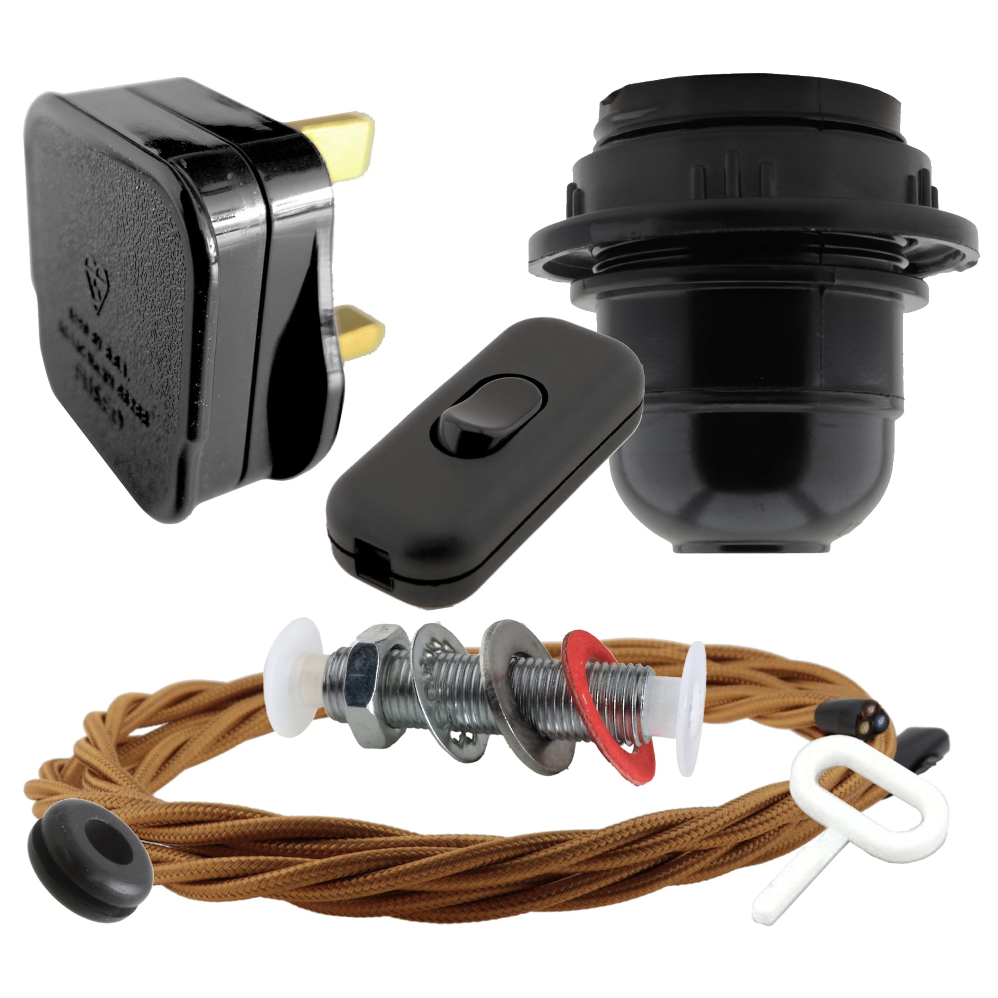 Art Deco Emporium Lamp Repair Kit|Black Plug|Antique Gold Flex|Black Switch and E27 Bakelite Lamp Holder