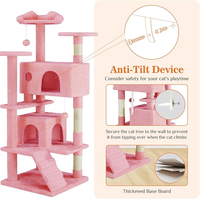 Casita para gatos de 54 pulgadas con árbol y poste rascador, rosa miniatura 6