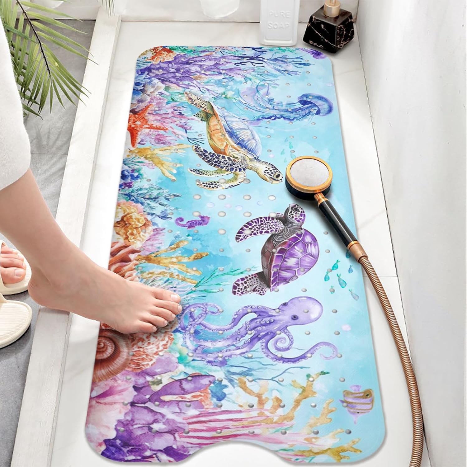 Ocean Animals Bathtub Mat Non Slip, Sea Turtle Baby Bath Mat for Tub Rubber Tub Mat, Cute Toddler Kids Bath Mats for Bathroom Anti Slip Shower Mat with Suction and Drain Holes Machine Washable,40″x16″ image 2