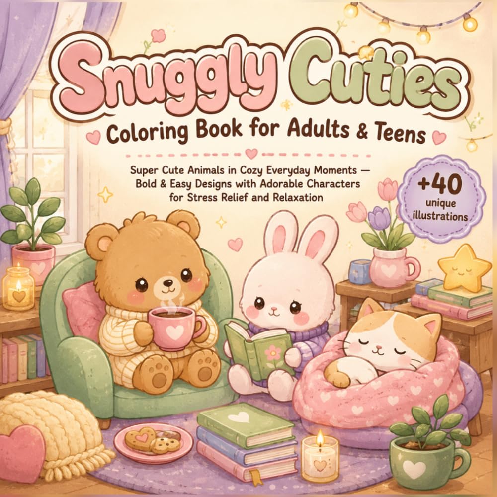 Snuggly Cuties Coloring Book for Adults & Teens: Super Cute Animals in Cozy Everyday Moments | Bold & Easy Designs with Adorable Characters for Stress Relief and Relaxation
