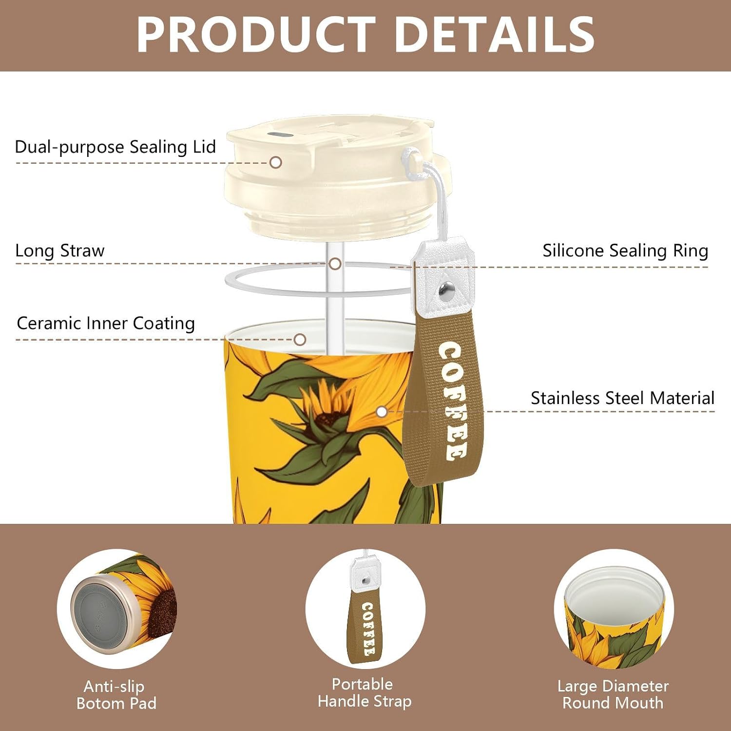 Insulated Coffee Mug Sunflower Leaf Art with Straw & Flip Lid, 16.9oz Iced Tumbler Cup, Double Wall Vacuum Mug for Travel Office Camping