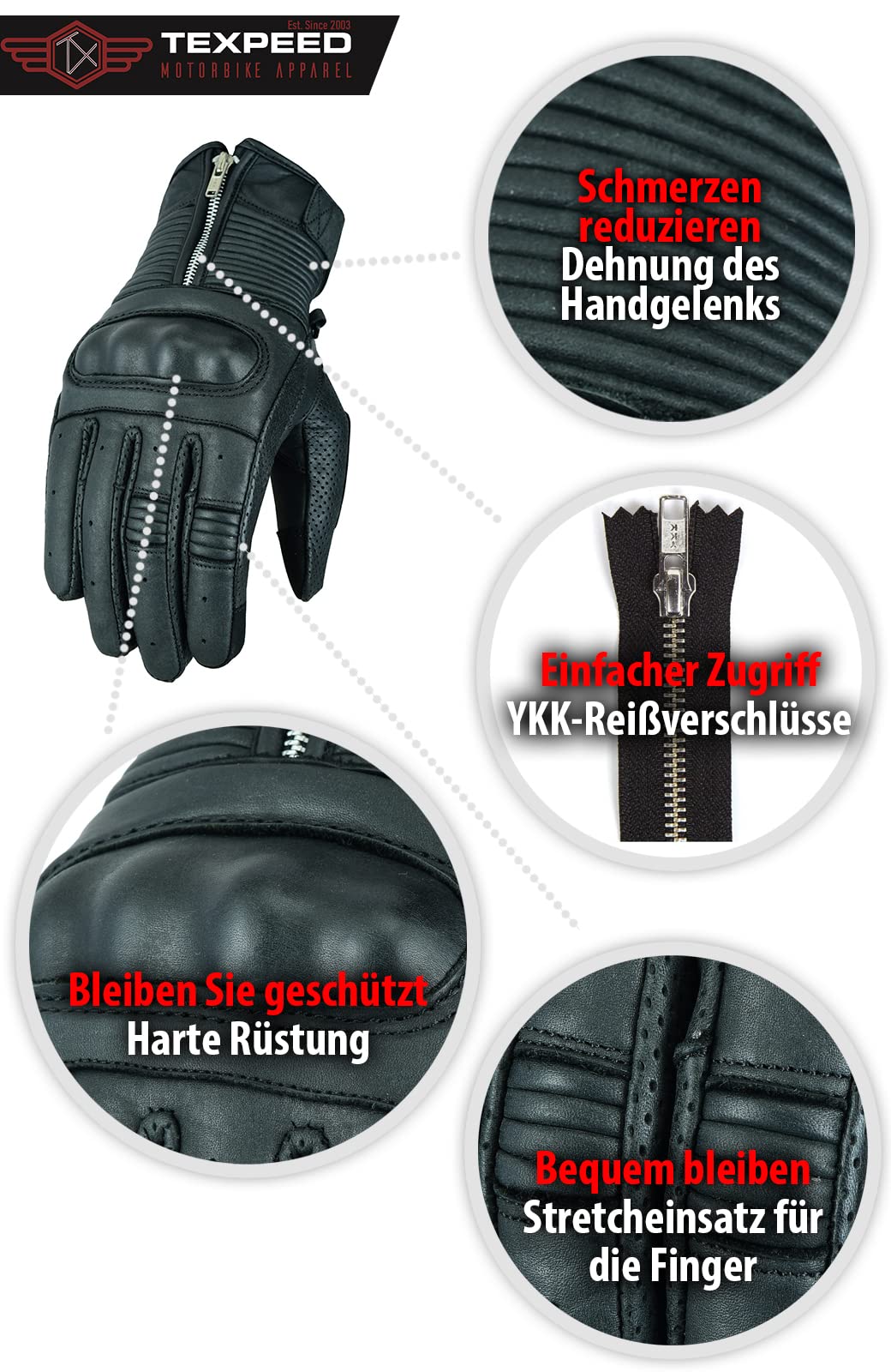 Texpeed Motorradhandschuhe Herren Leder - Biker Moped Gepanzert Knöchelschutz - Für Sommer oder Winter Schwarz - (L)