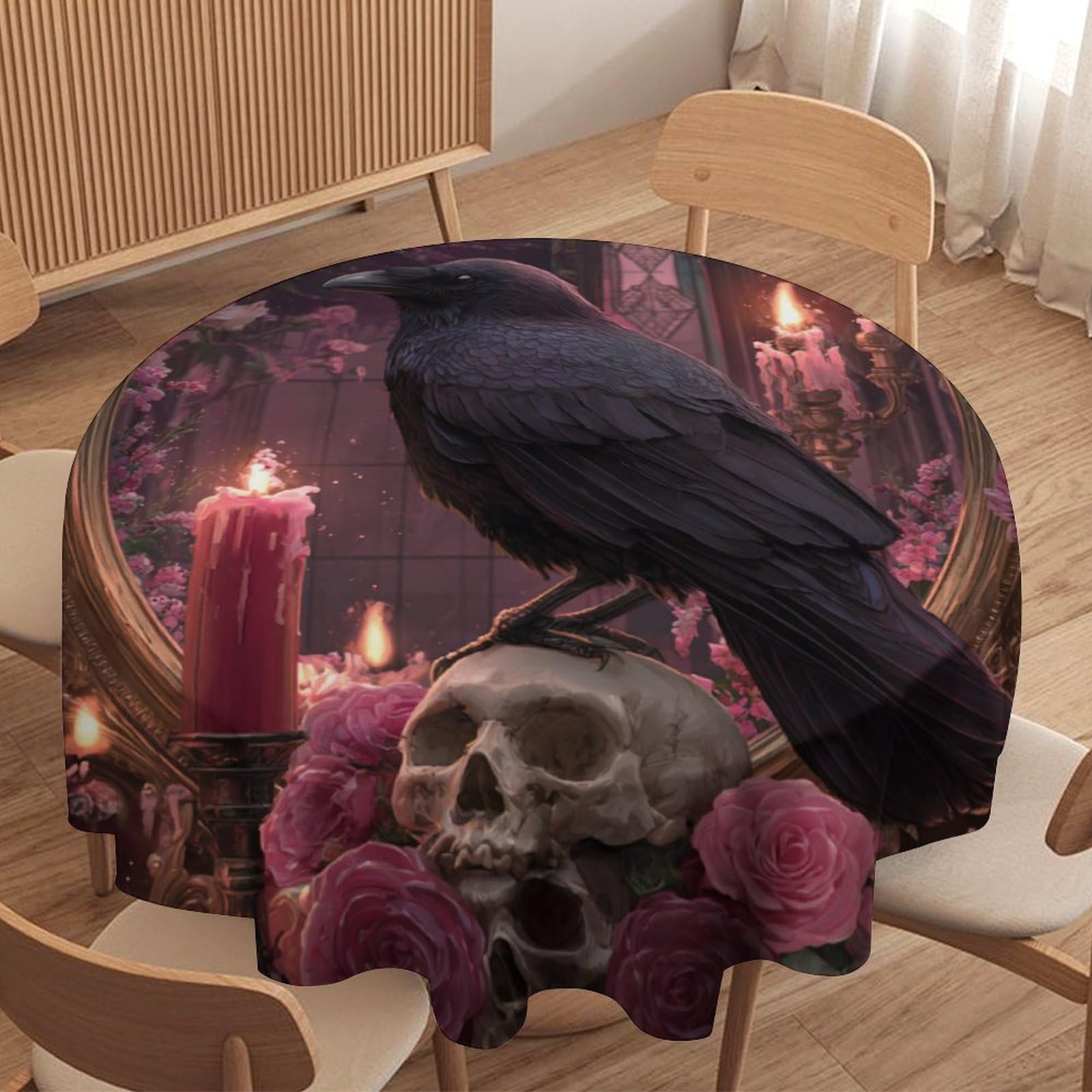 LUYYSKY Funny Gothic Animal Raven Round Tablecloth Beautiful Classic Halloween Plant Roses Flowers Crow Skull Skeleton Washable Decor for Table Cover for Kitchen-127 Wx127 L cm