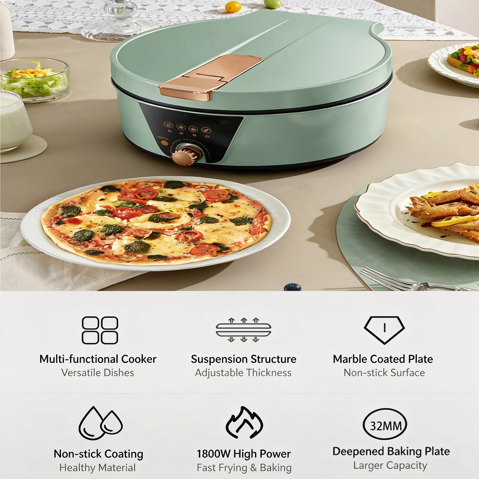 1800W, Antiadherente Desmontable, Calefacción de Doble Cara, para Desayuno | 1800W, calefacción por ambos lados. sartén antiadherente. Bandeja desmontable(cyan)