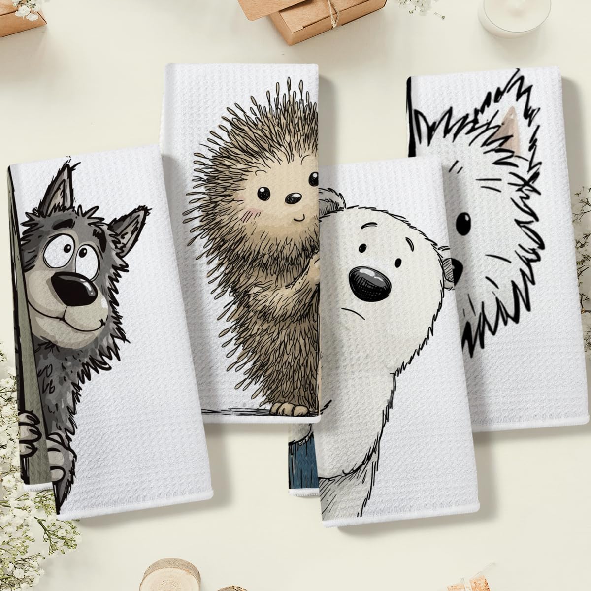 4 Pcs Funny Animal Kitchen Towels, Cute Bear Dog Decorative Dish Towel image 3