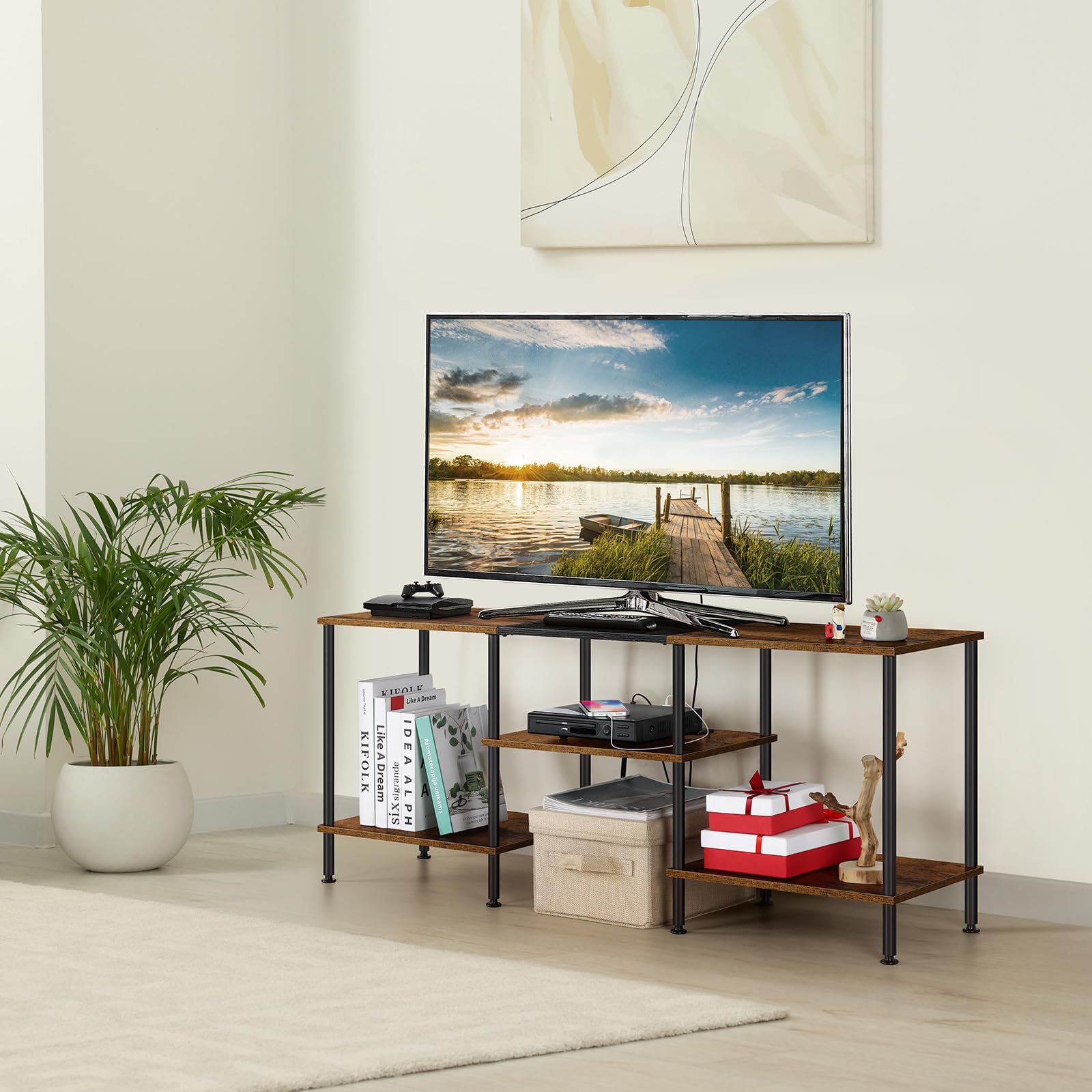 Soporte de TV para dormitorio de 50 pulgadas con toma de corriente, centro de entretenimiento de 3 niveles con almacenamiento para TV de 50, 43, 40, 32 pulgadas, marrón rústico 6
