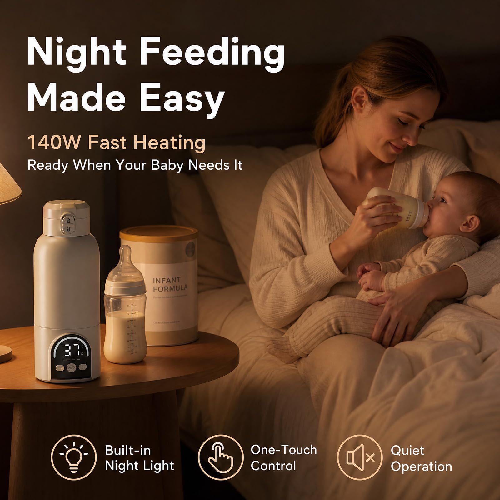 Tragbarer Flaschenwärmer Baby Unterwegs, Kabellos mit 12000mAh Akku | 140W Schnellheizen, 500ml für Muttermilch & Wasser, 35–70°C Einstellbar, Sterilisieren, Milchwärmer für Nachtfütterung Reisen
